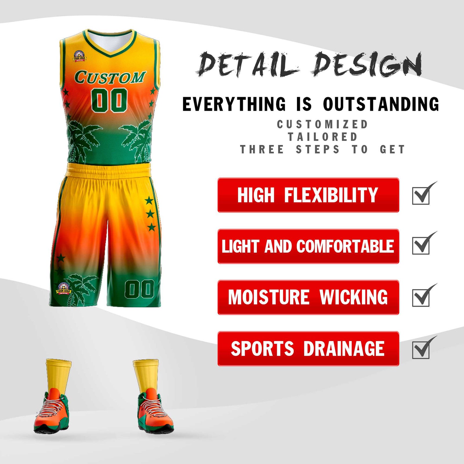 Custom Yellow Orange-Green Gradient Fashion Coconut Palm Pattern Sports Uniform Basketball Jersey