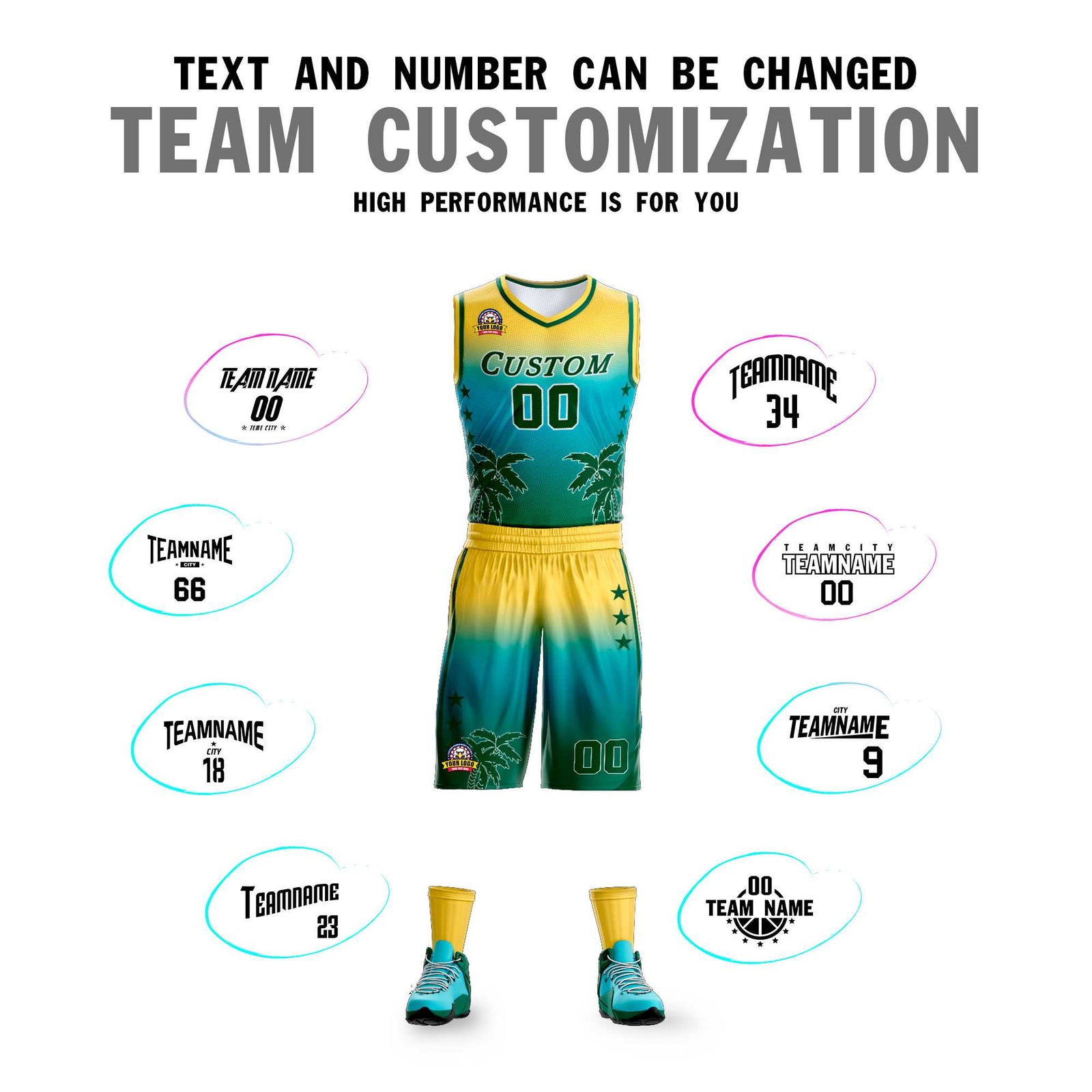 Custom Yellow Blue-Aqua Gradient Fashion Coconut Palm Pattern Sports Uniform Basketball Jersey