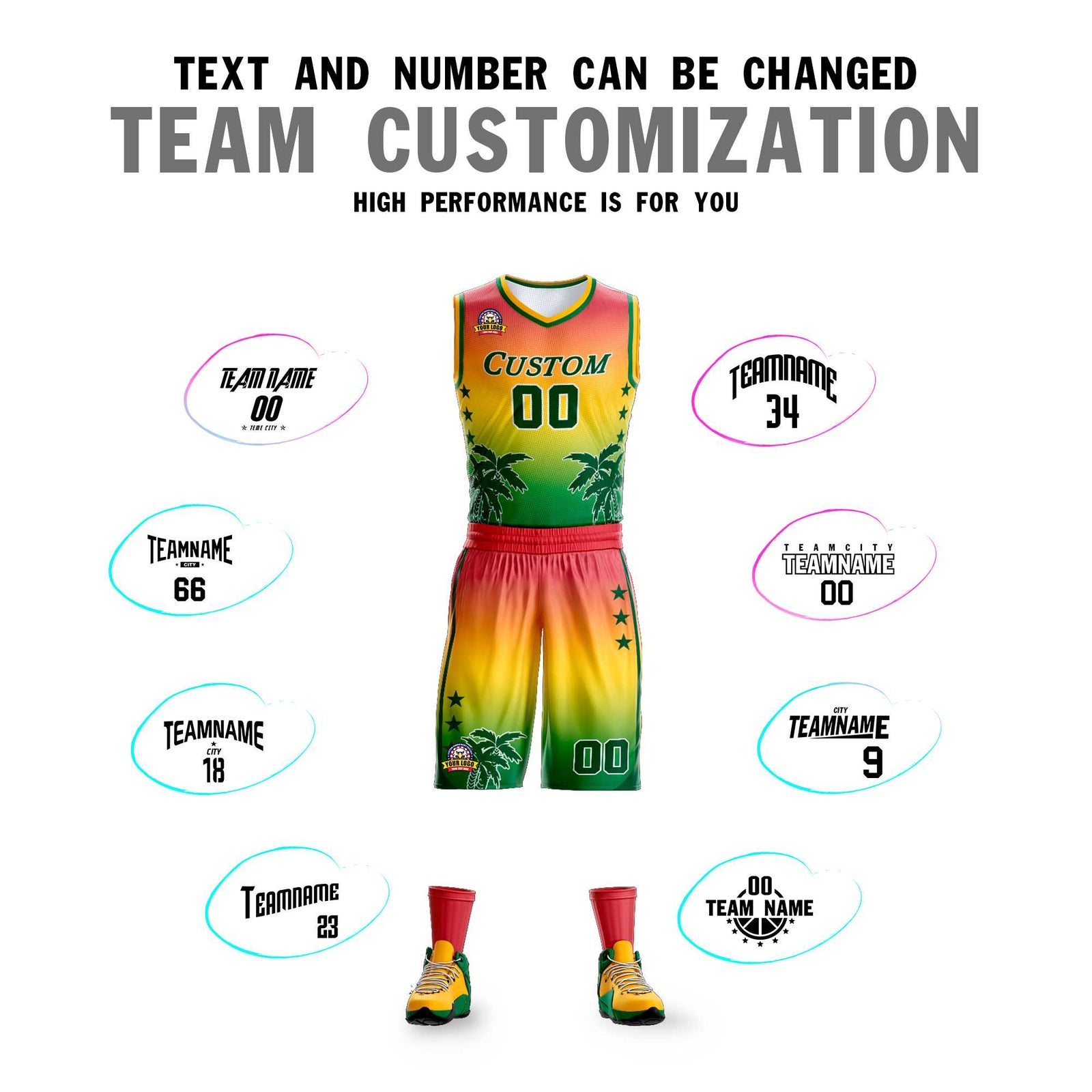 Custom Red Yellow-Green Gradient Fashion Coconut Palm Pattern Sports Uniform Basketball Jersey