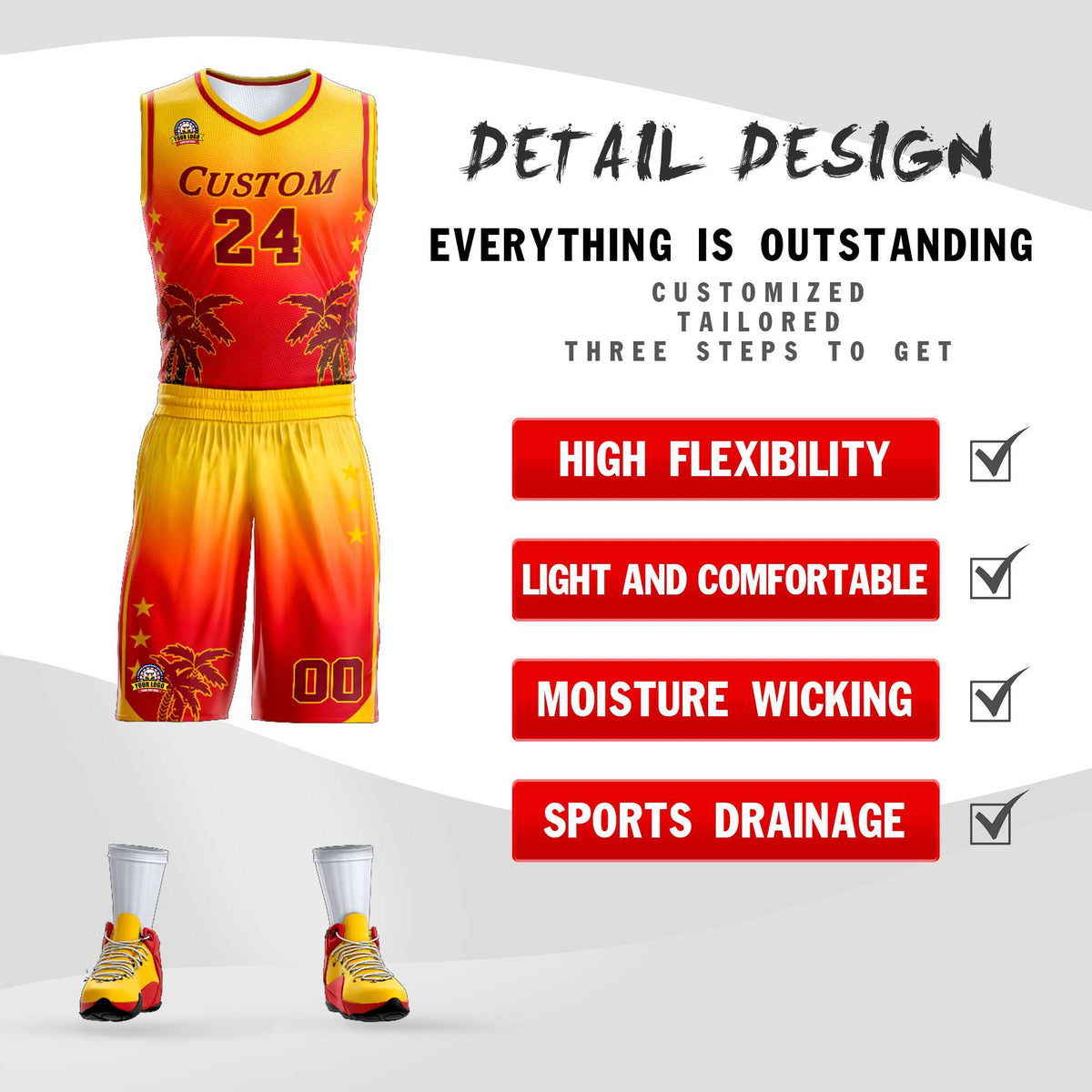 Custom Yellow Red-Dark Red Gradient Fashion Coconut Palm Pattern Sports Uniform Basketball Jersey