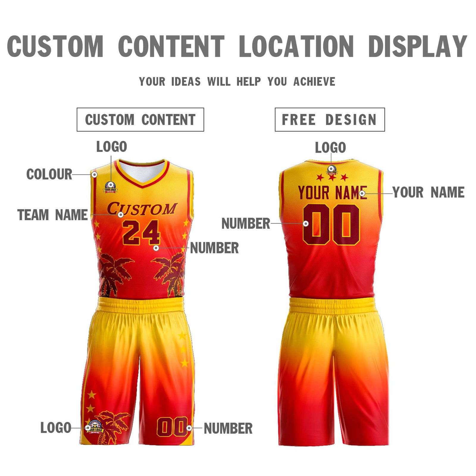 Custom Yellow Red-Dark Red Gradient Fashion Coconut Palm Pattern Sports Uniform Basketball Jersey