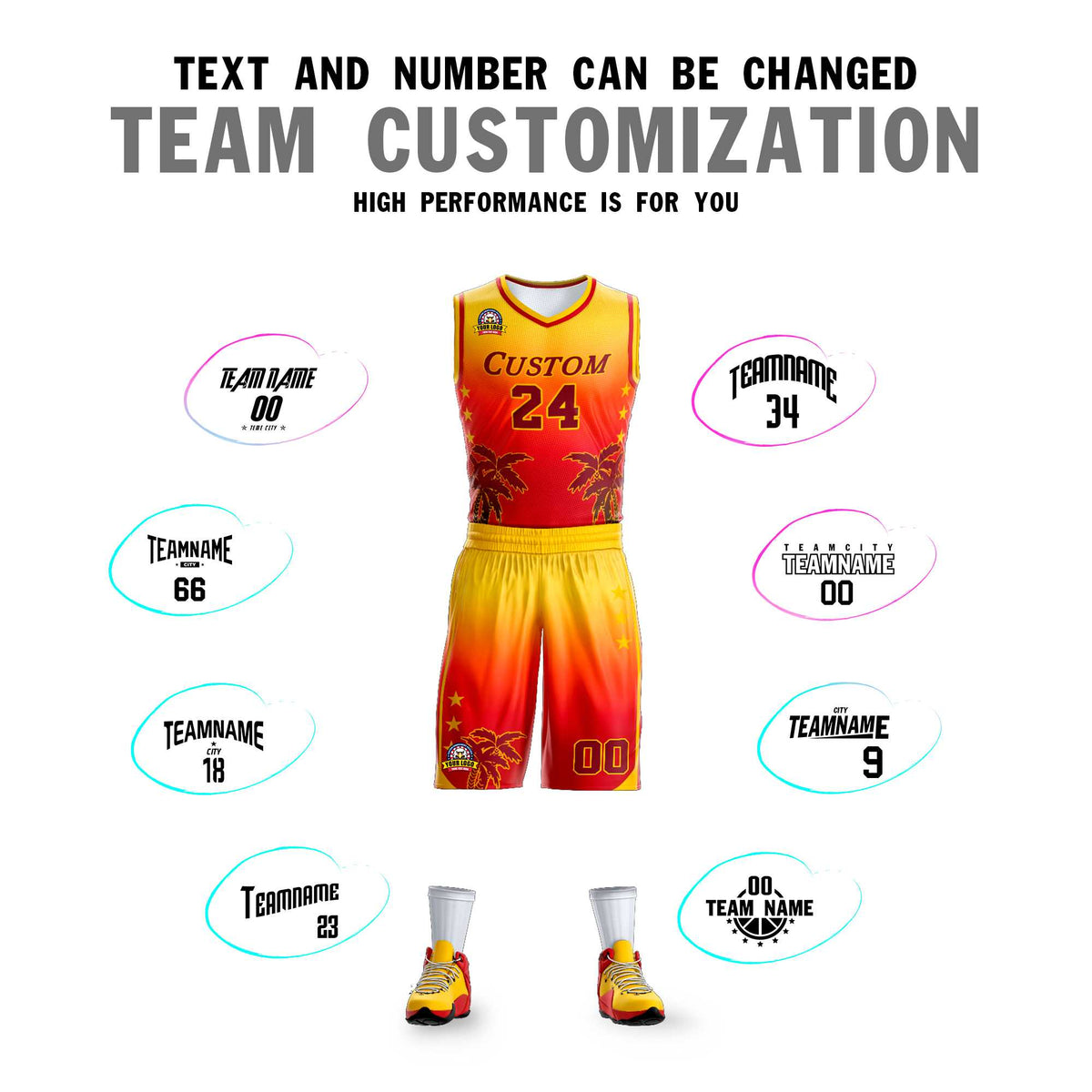 Custom Yellow Red-Dark Red Gradient Fashion Coconut Palm Pattern Sports Uniform Basketball Jersey