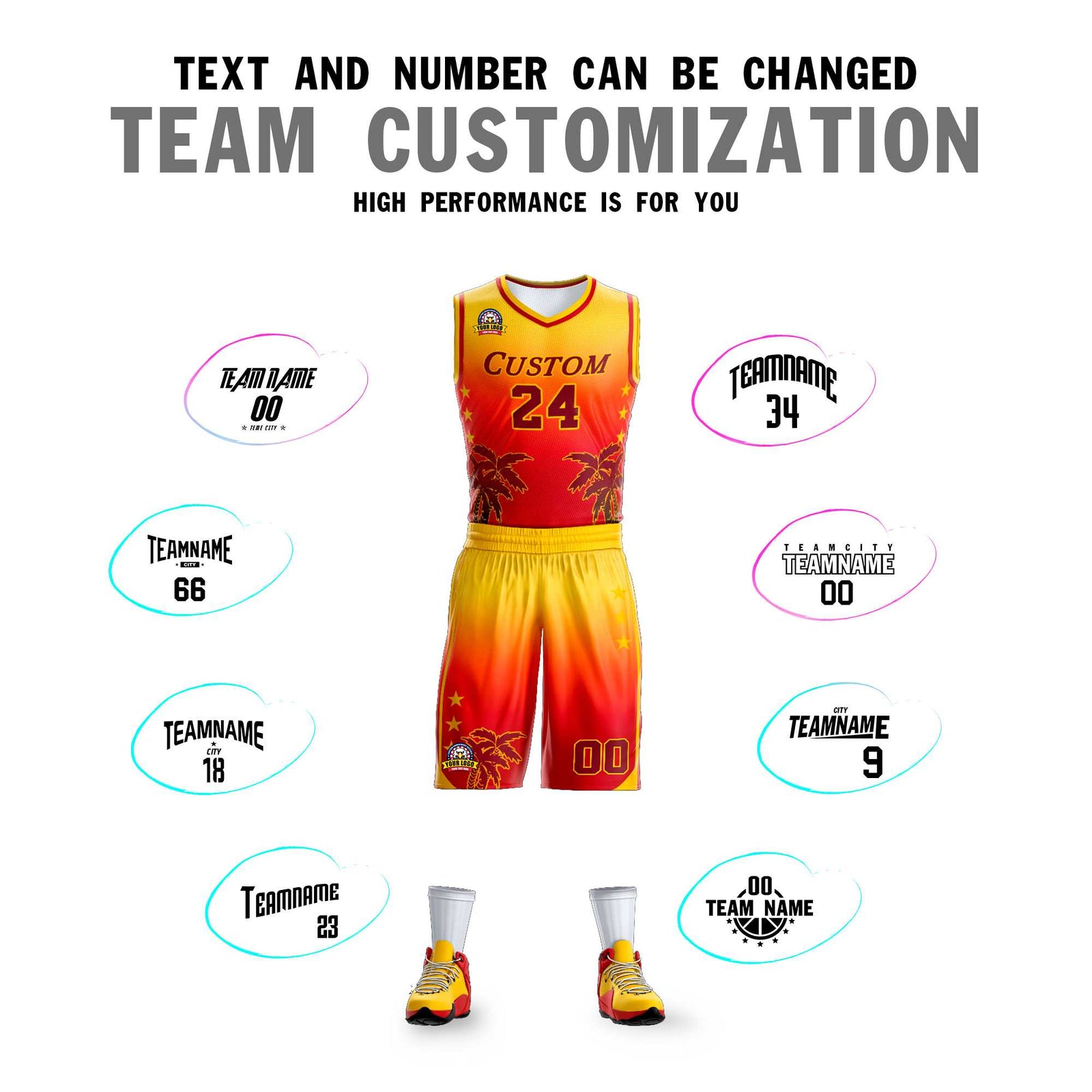 Custom Yellow Red-Dark Red Gradient Fashion Coconut Palm Pattern Sports Uniform Basketball Jersey