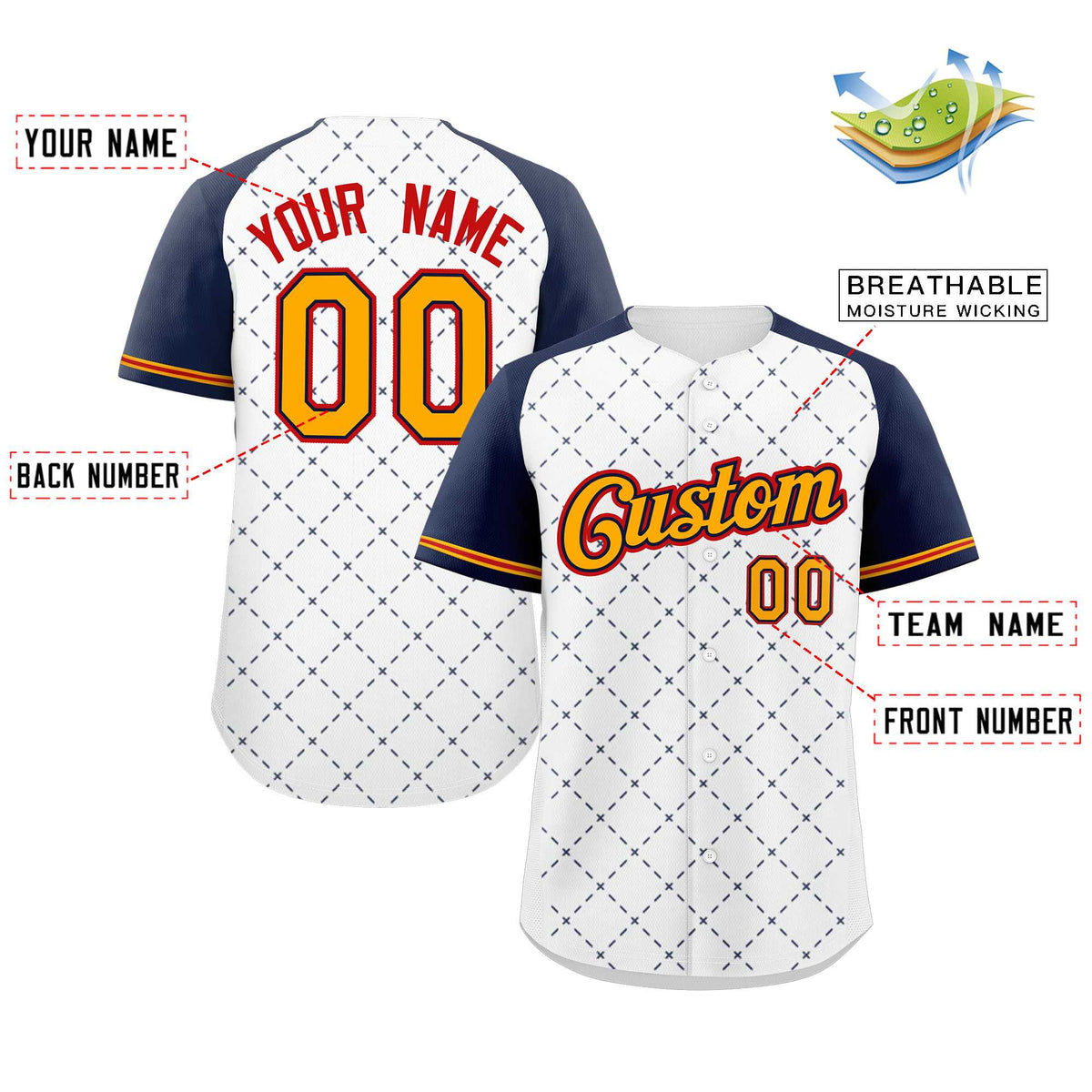 Custom White Yellow Navy-Red Rhombus Authentic Baseball Jersey
