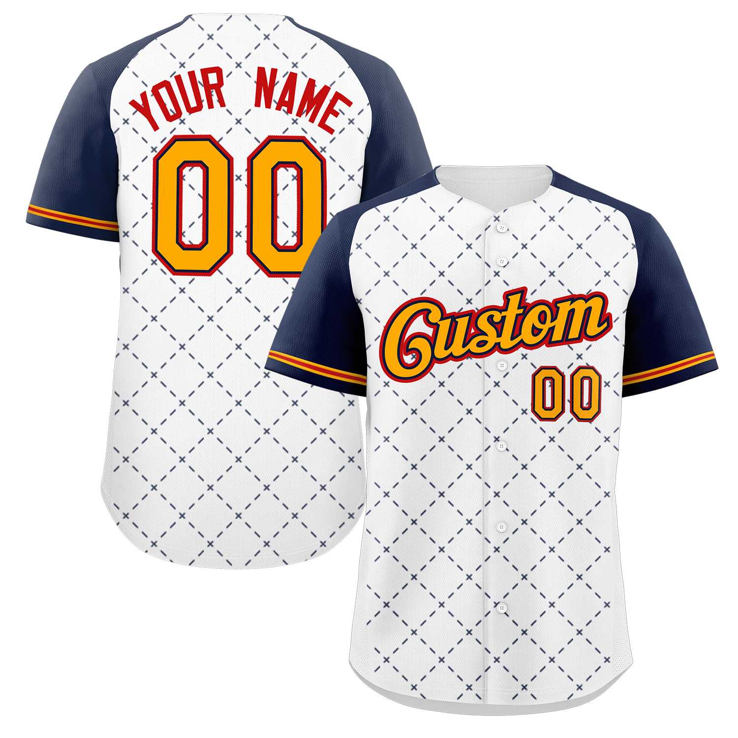 Custom White Yellow Navy-Red Rhombus Authentic Baseball Jersey