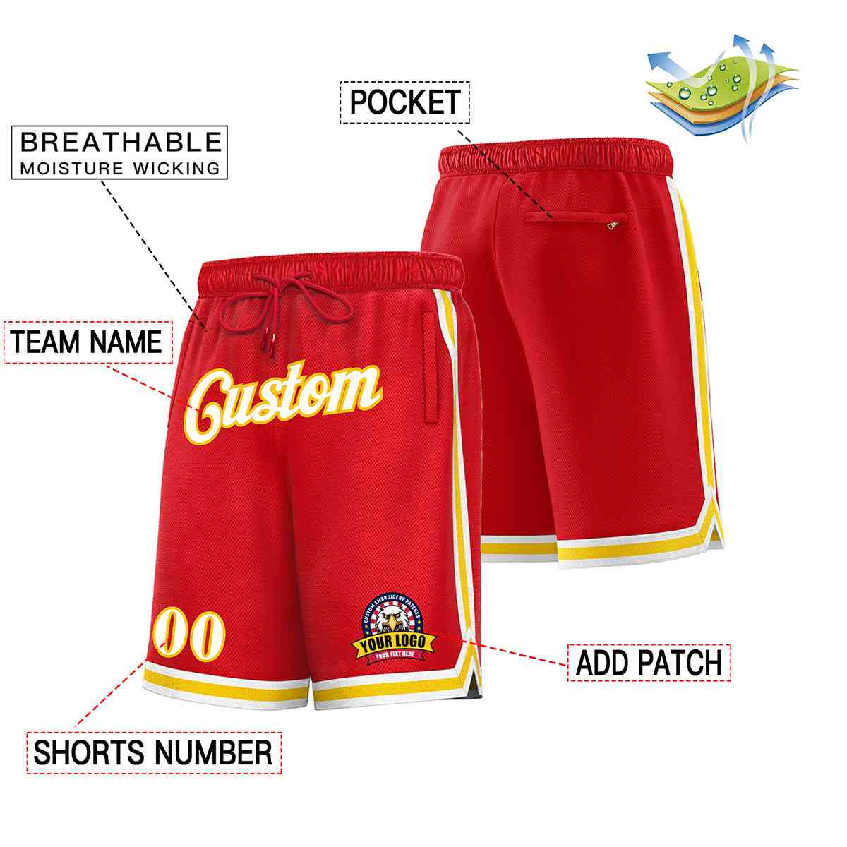 Custom Red White-Gold Classic Style Basketball Mesh Shorts