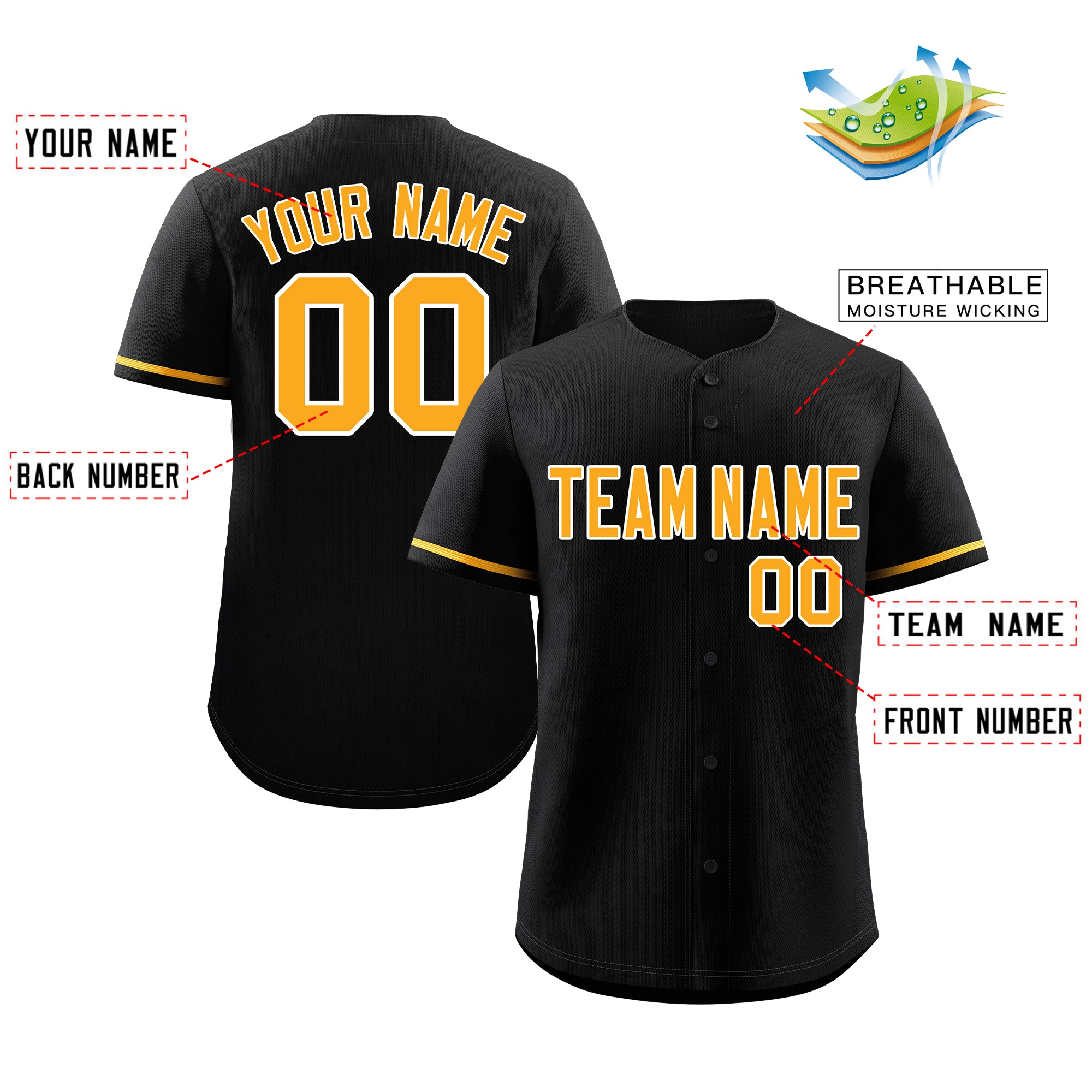 Custom Black Yellow-White Classic Style Authentic Baseball Jersey
