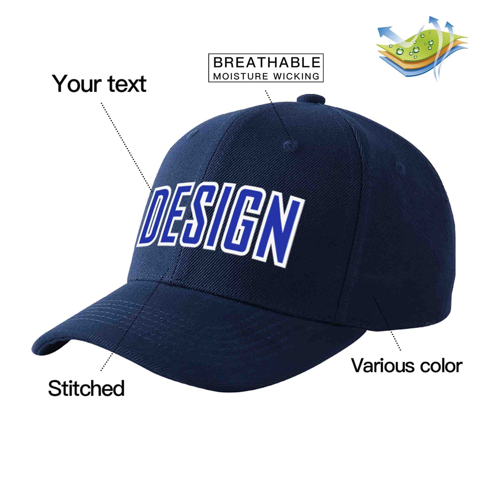 Custom Navy Royal-White 3D Puff Embroidery Flat Embroidery Curved Eaves Sport Design Baseball Cap