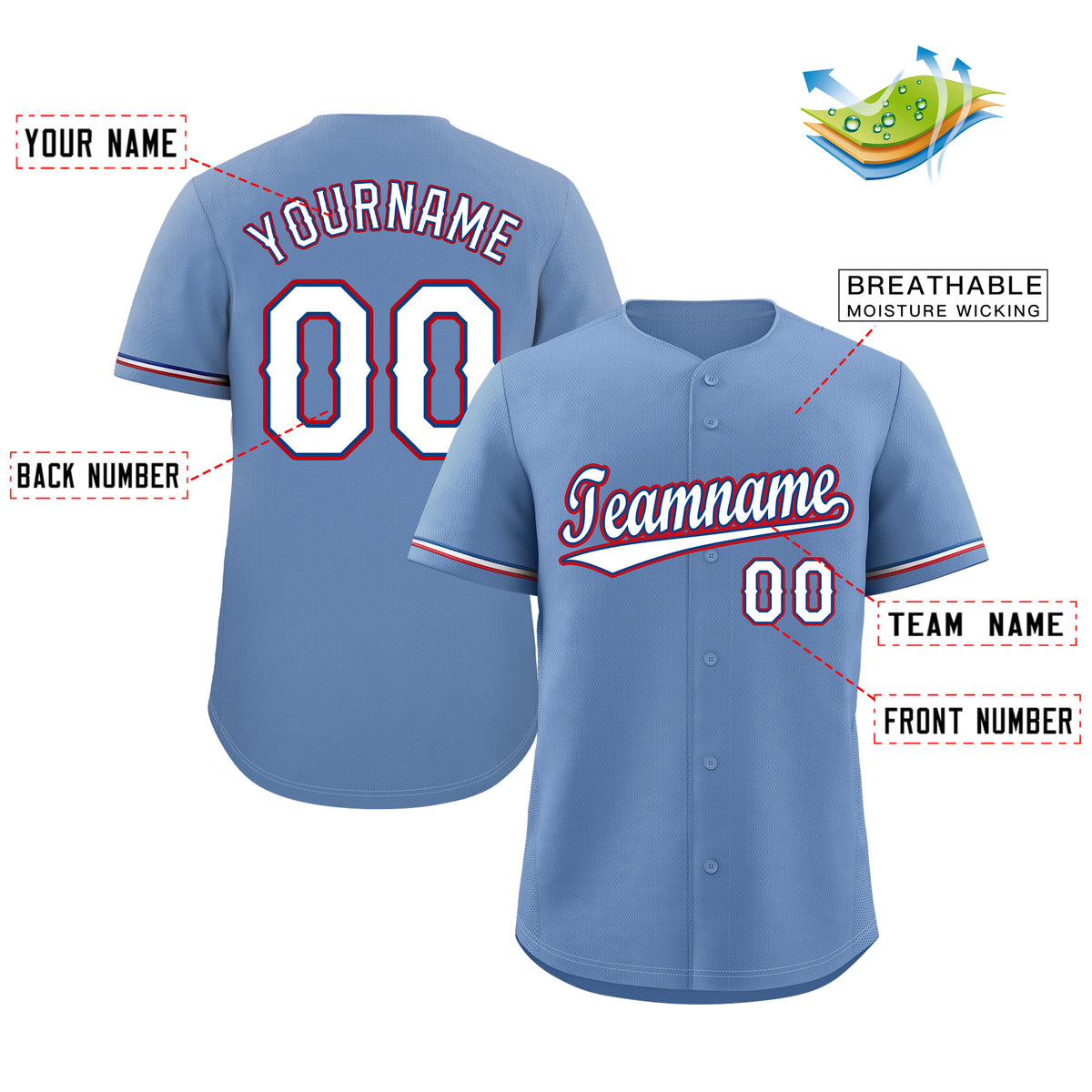 Custom Light Blue White-Red Classic Style Authentic Baseball Jersey