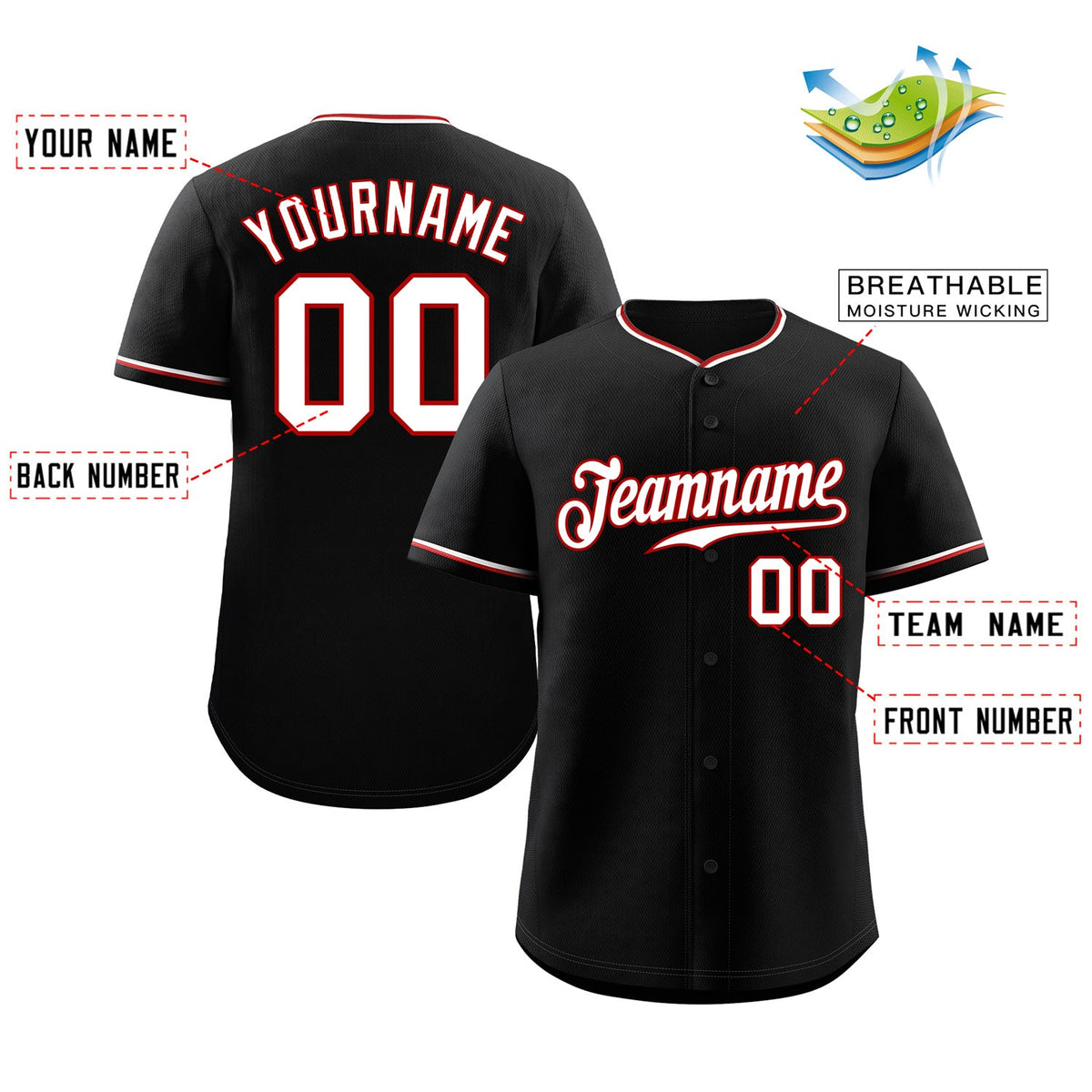 Custom Black White-Red Classic Style Authentic Baseball Jersey