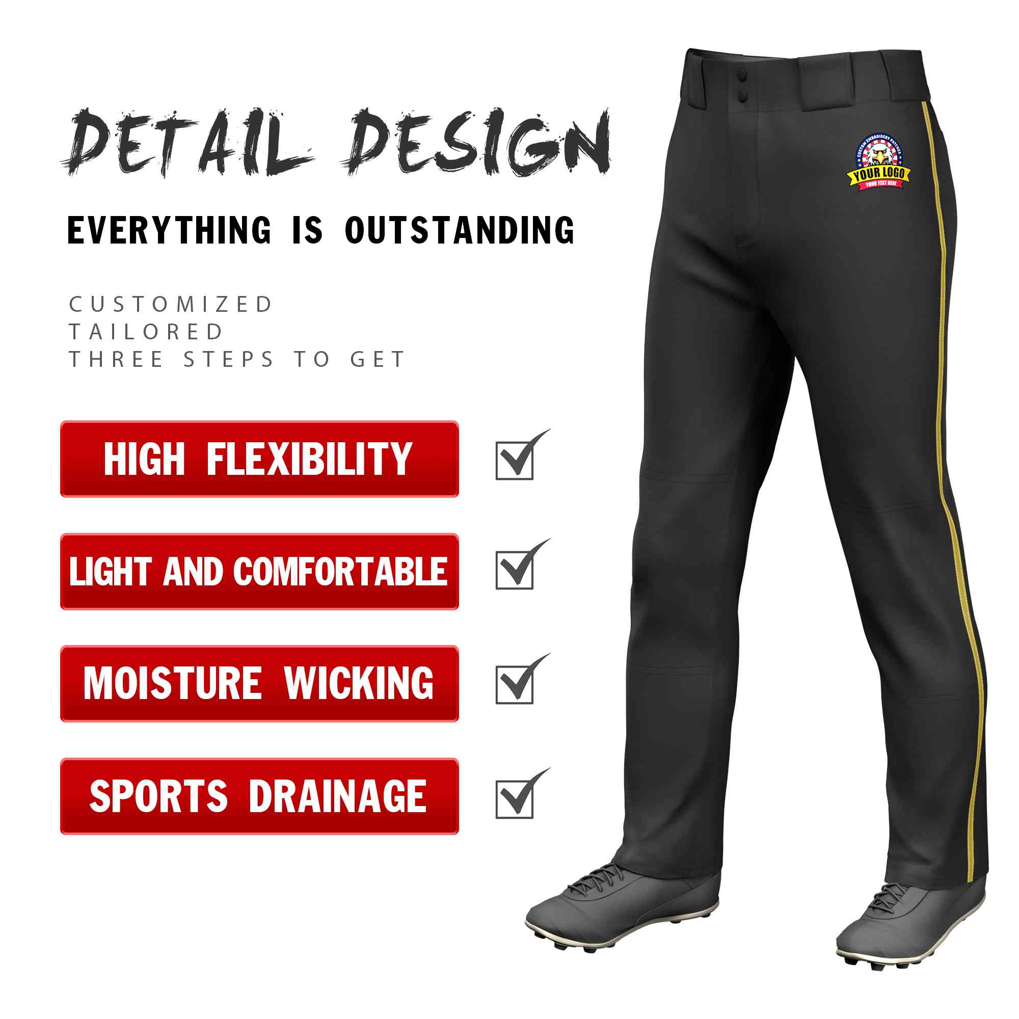 Custom Black Old Gold Classic Fit Stretch Practice Loose-fit Baseball Pants