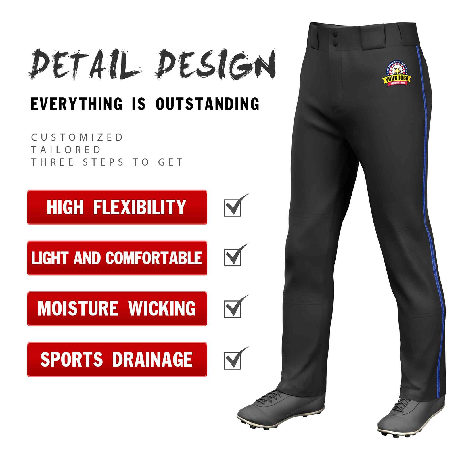 Custom Black Royal Classic Fit Stretch Practice Loose-fit Baseball Pants