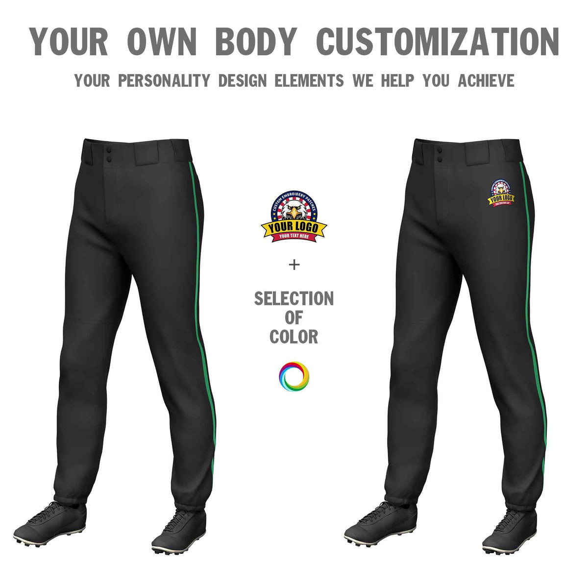 Custom Black Kelly Green Classic Fit Stretch Practice Pull-up Baseball Pants
