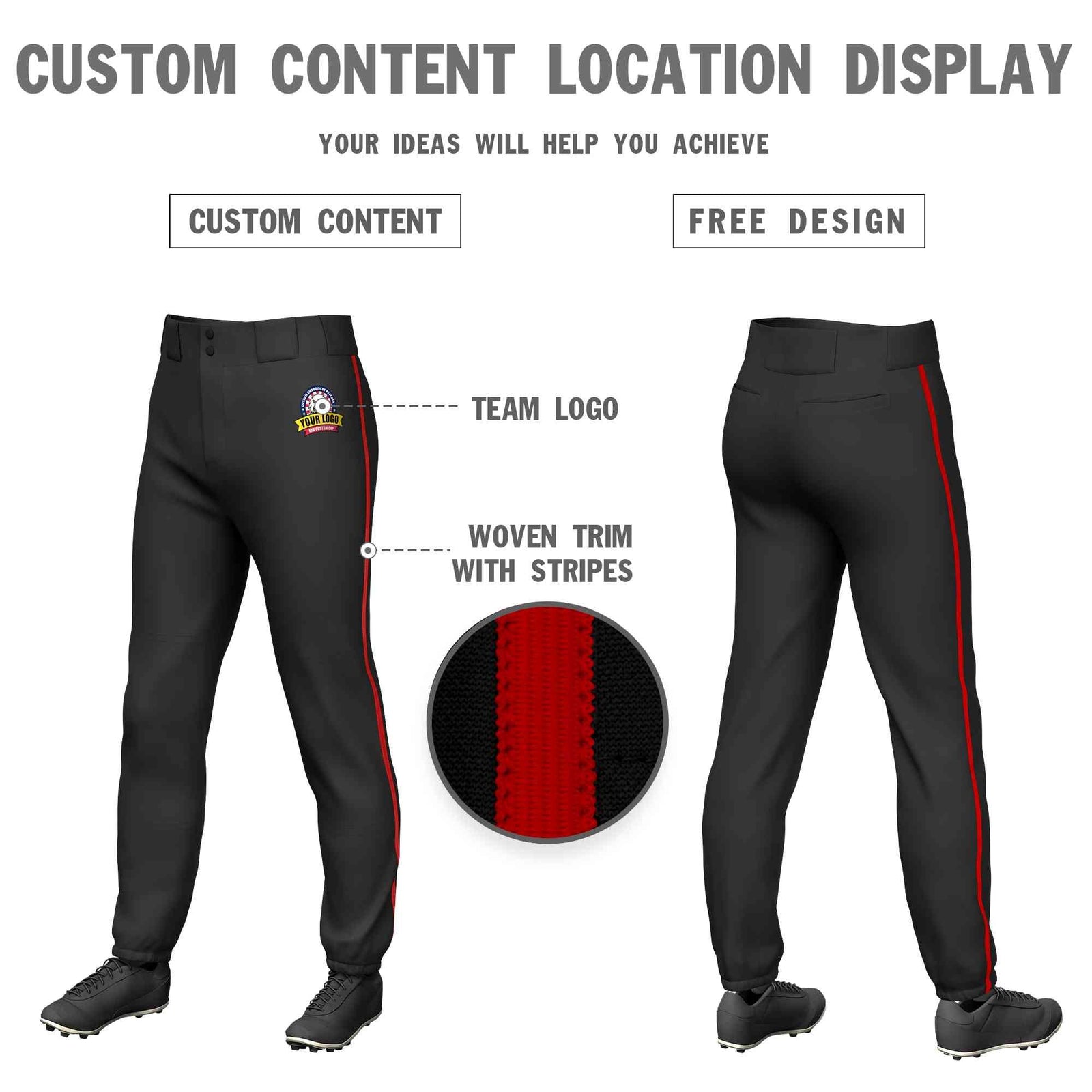 Custom Black Red Classic Fit Stretch Practice Pull-up Baseball Pants