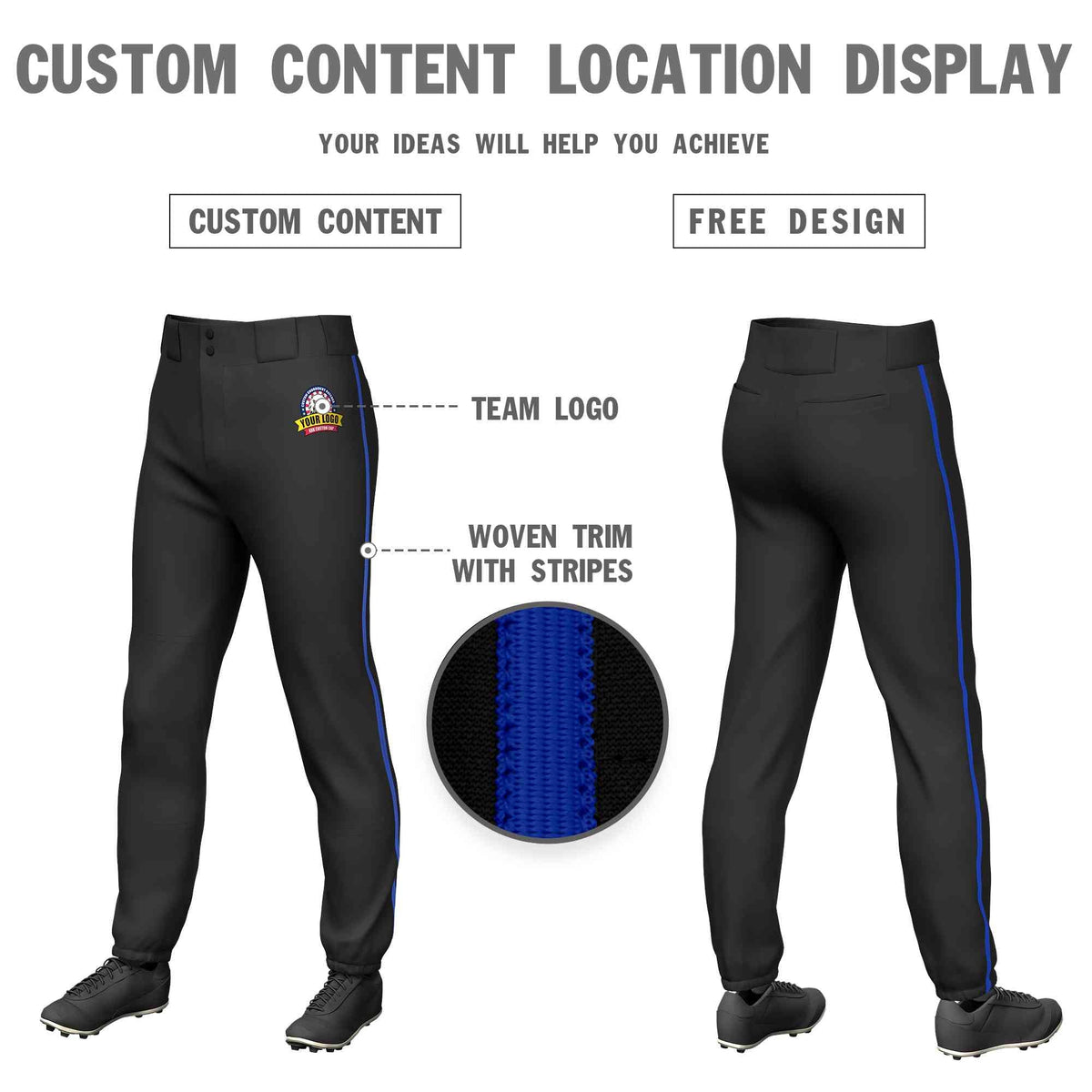 Custom Black Royal Classic Fit Stretch Practice Pull-up Baseball Pants