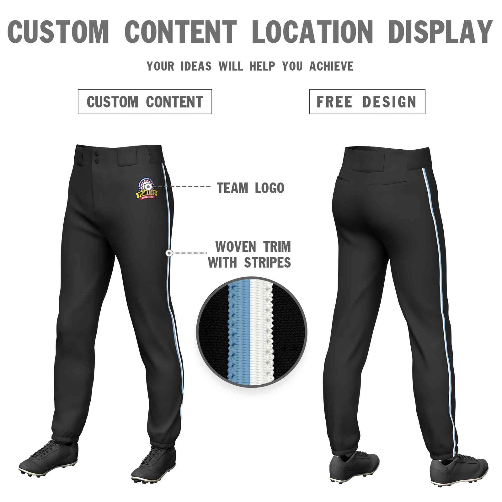 Custom Black Light Blue-White Classic Fit Stretch Practice Pull-up Baseball Pants