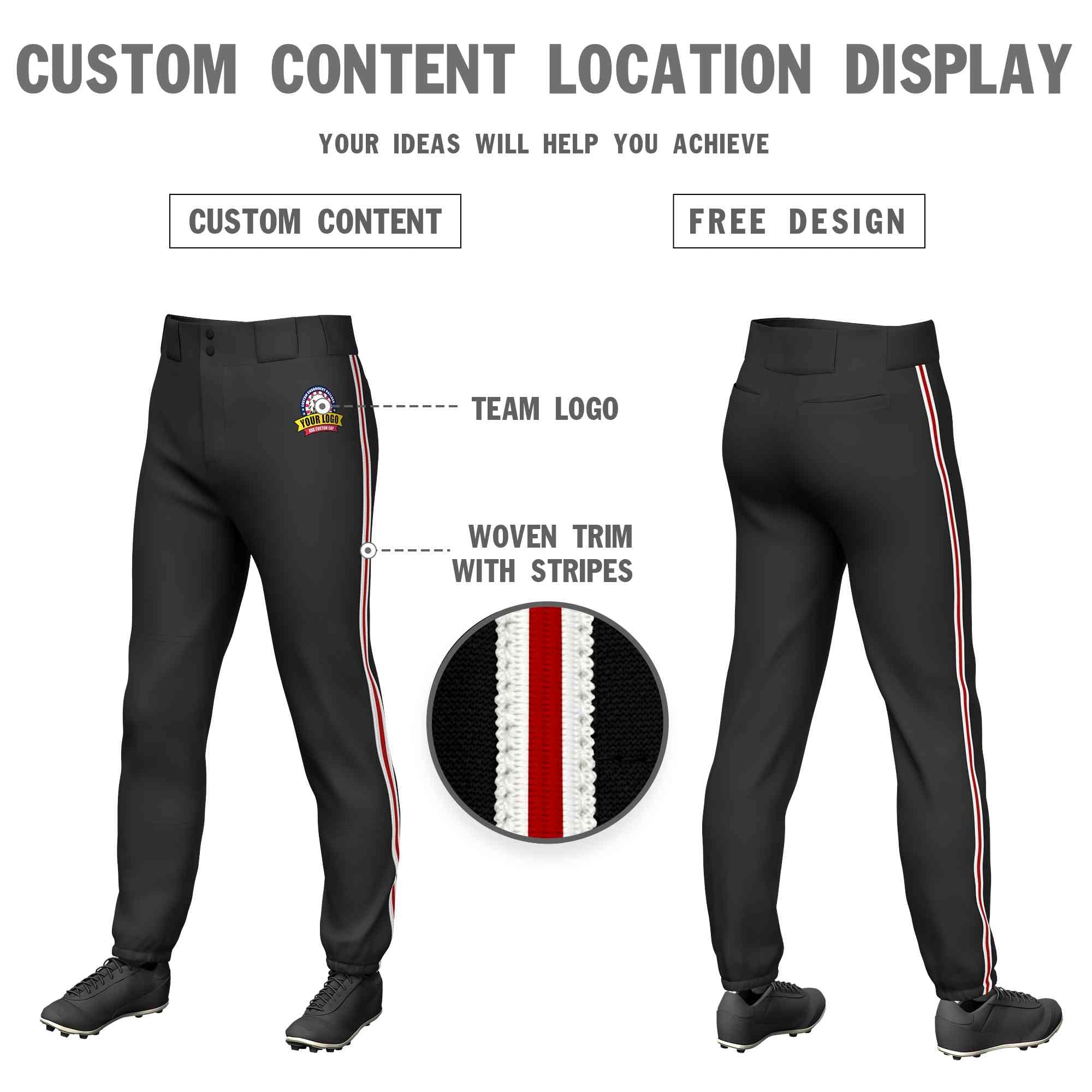 Custom Black White Red-White Classic Fit Stretch Practice Pull-up Baseball Pants