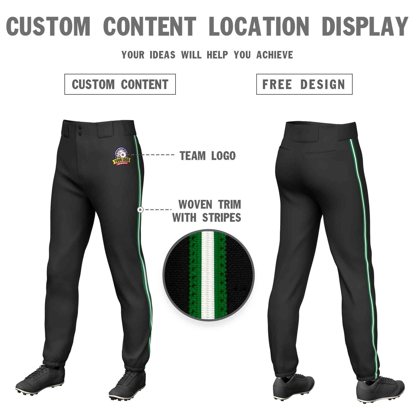 Custom Black Kelly Green White-Kelly Green Classic Fit Stretch Practice Pull-up Baseball Pants