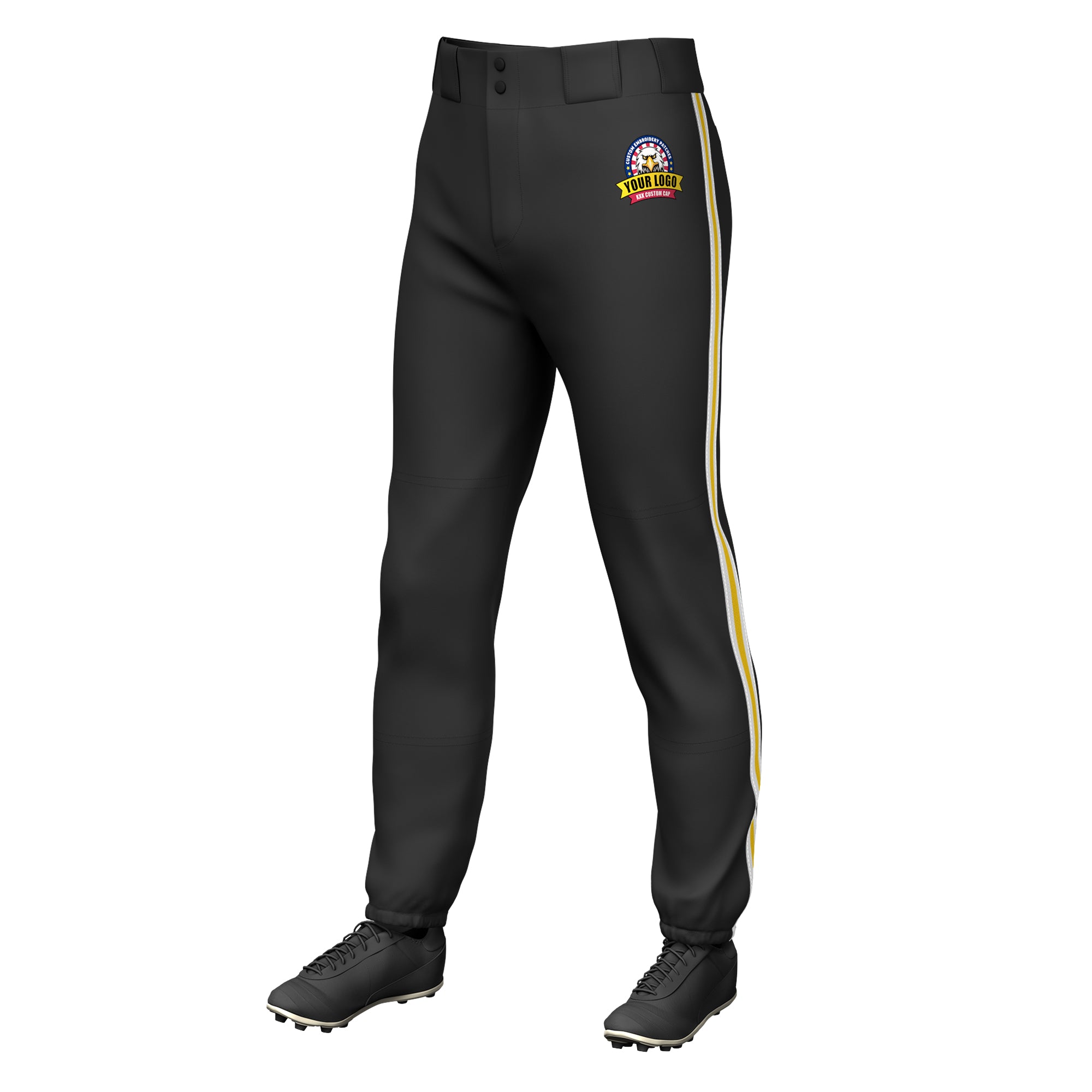 Custom Black White Gold-White Classic Fit Stretch Practice Pull-up Baseball Pants