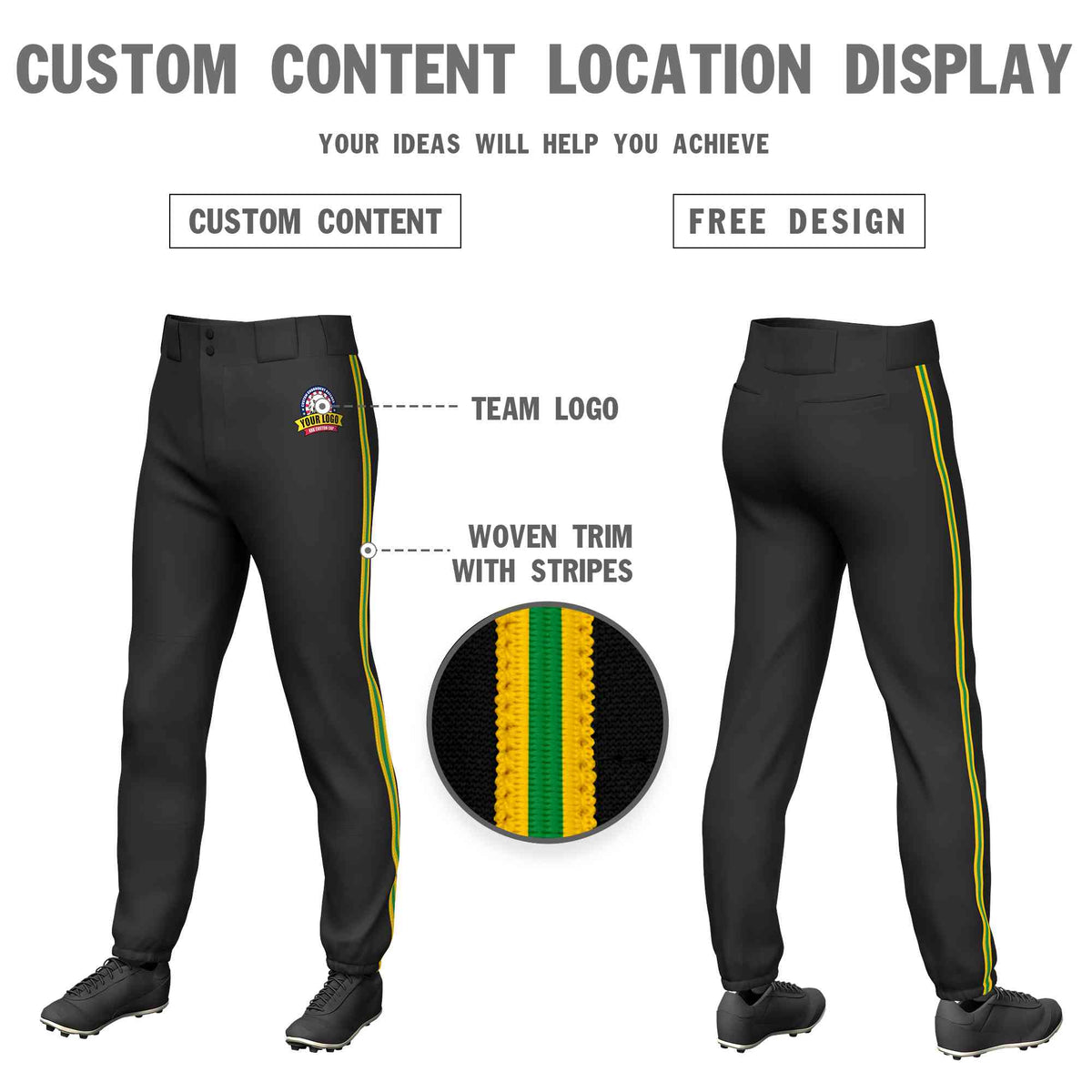 Custom Black Gold Kelly Green-Gold Classic Fit Stretch Practice Pull-up Baseball Pants