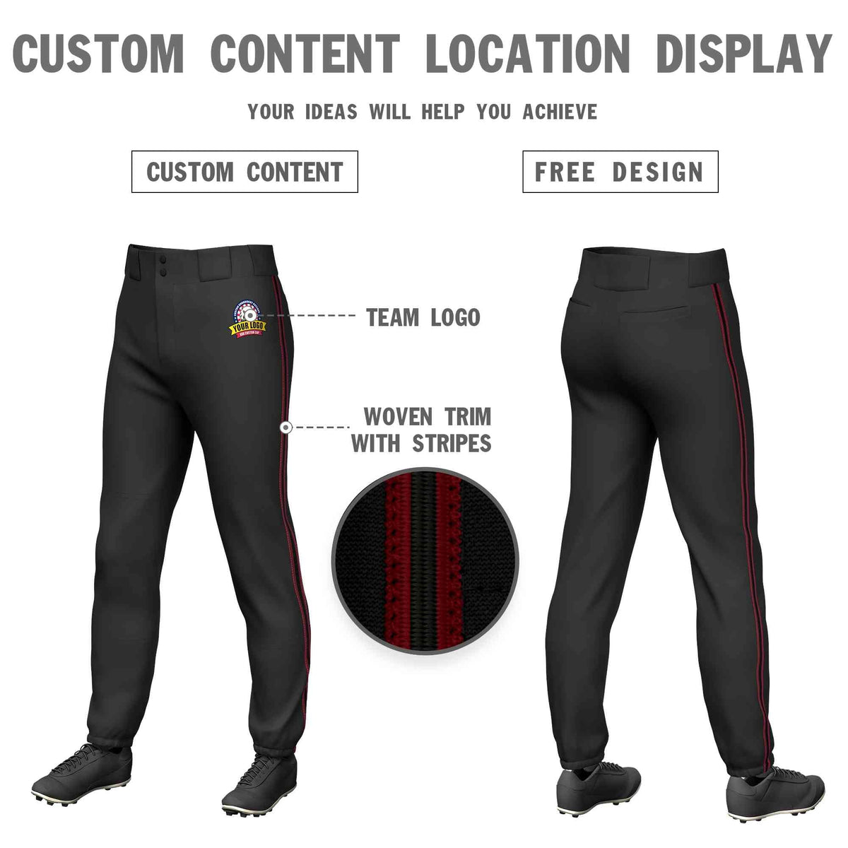 Custom Black Crimson Black-Crimson Classic Fit Stretch Practice Pull-up Baseball Pants