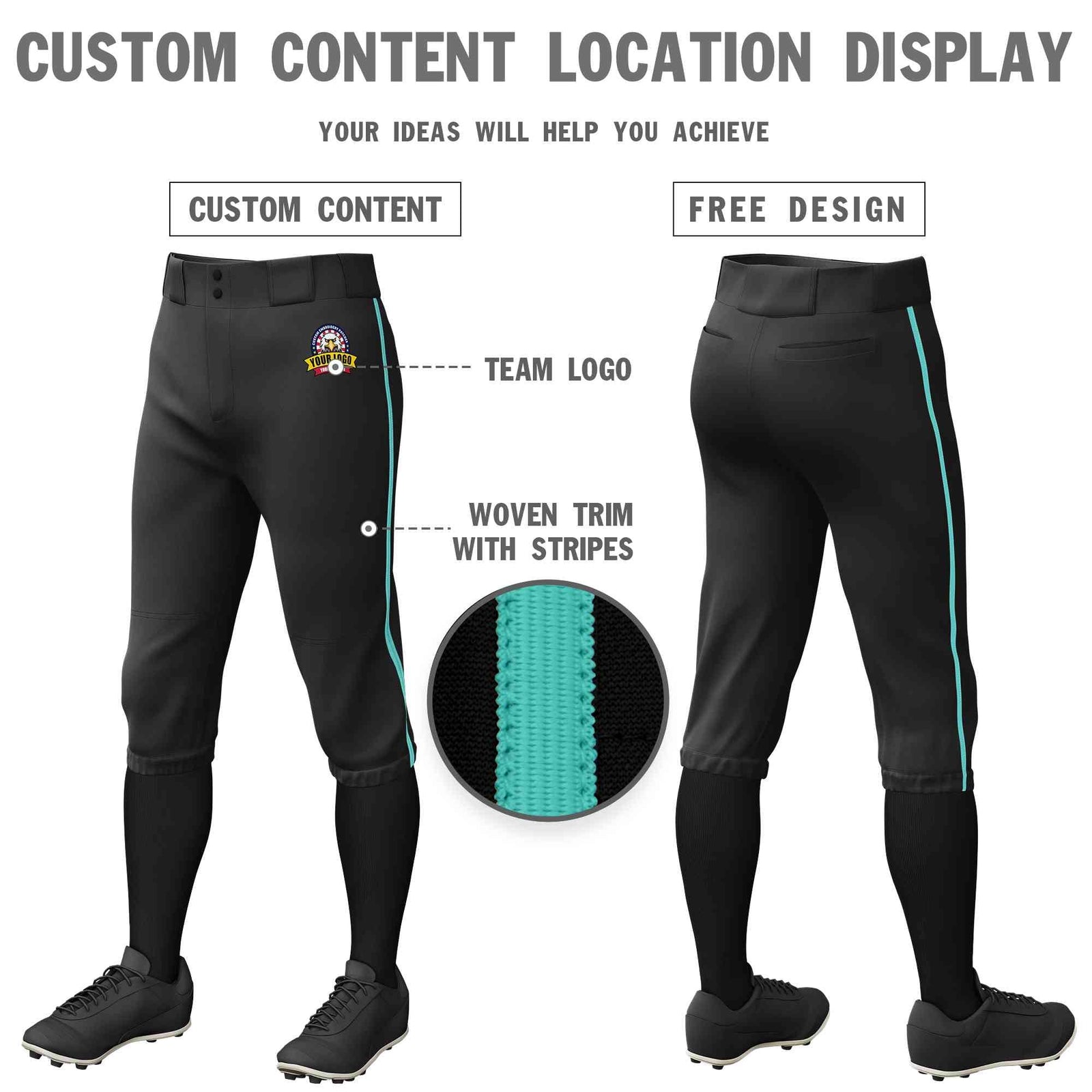 Custom Black Aqua Classic Fit Stretch Practice Knickers Baseball Pants