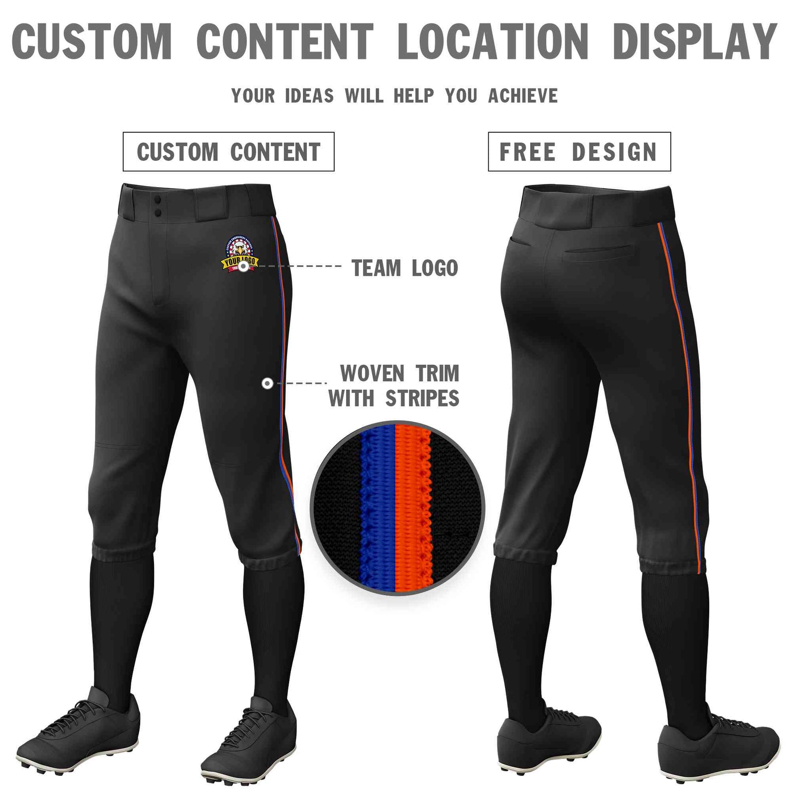 Custom Black Royal-Orange Classic Fit Stretch Practice Knickers Baseball Pants