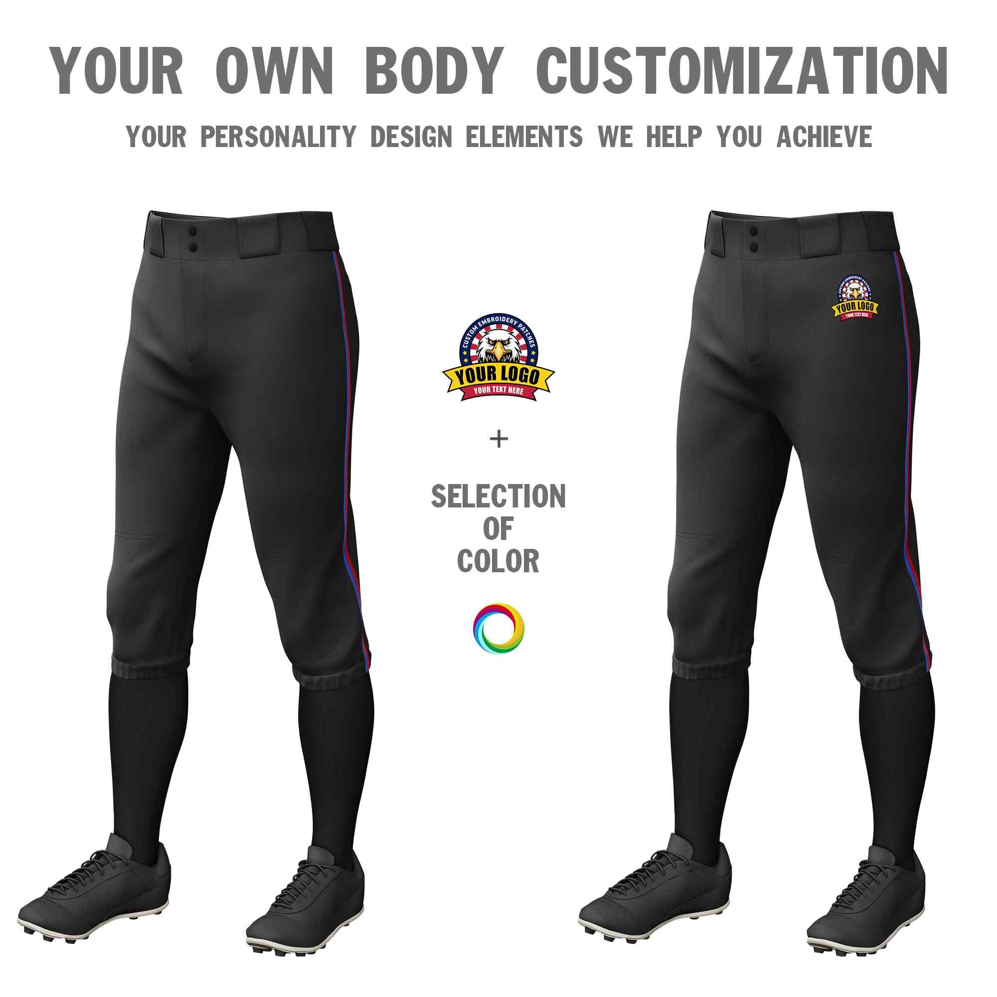 Custom Black Royal-Red Classic Fit Stretch Practice Knickers Baseball Pants