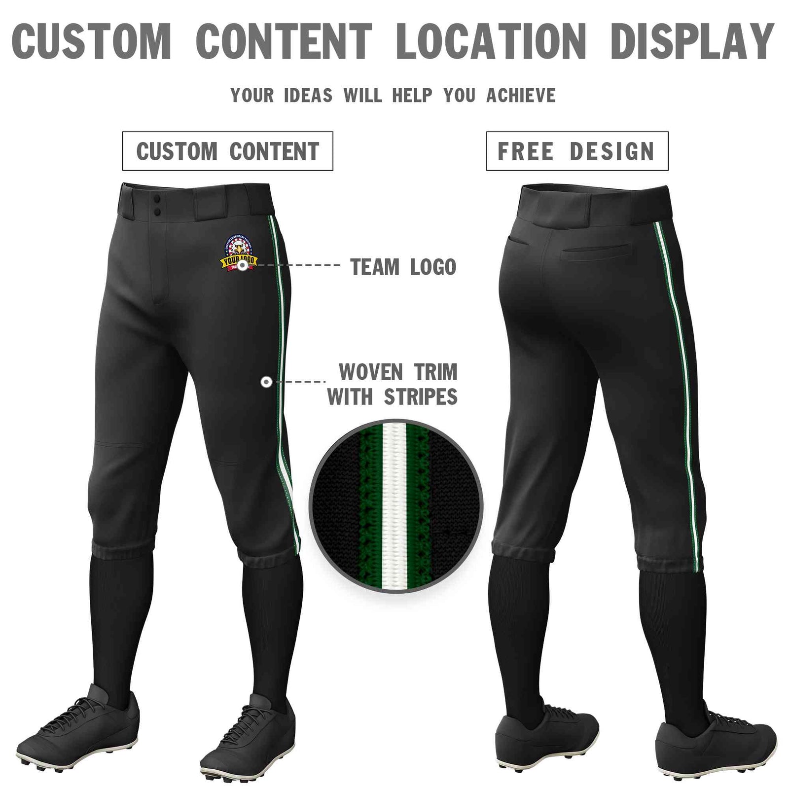 Custom Black Green White-Green Classic Fit Stretch Practice Knickers Baseball Pants