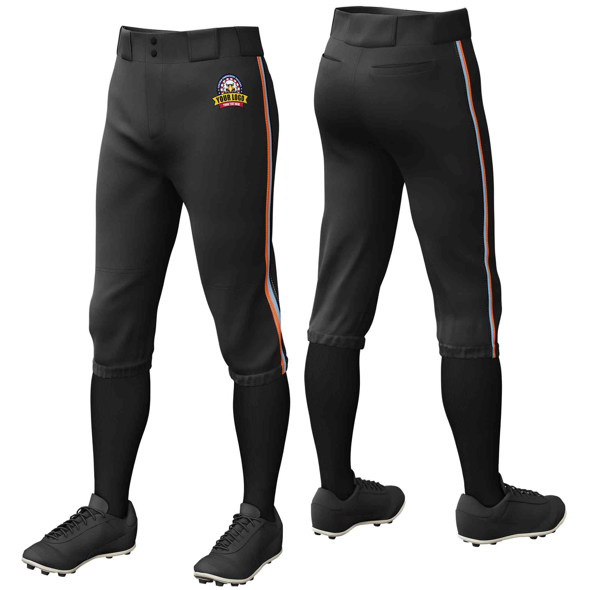 Custom Black Orange Light Blue-Black Classic Fit Stretch Practice Knickers Baseball Pants
