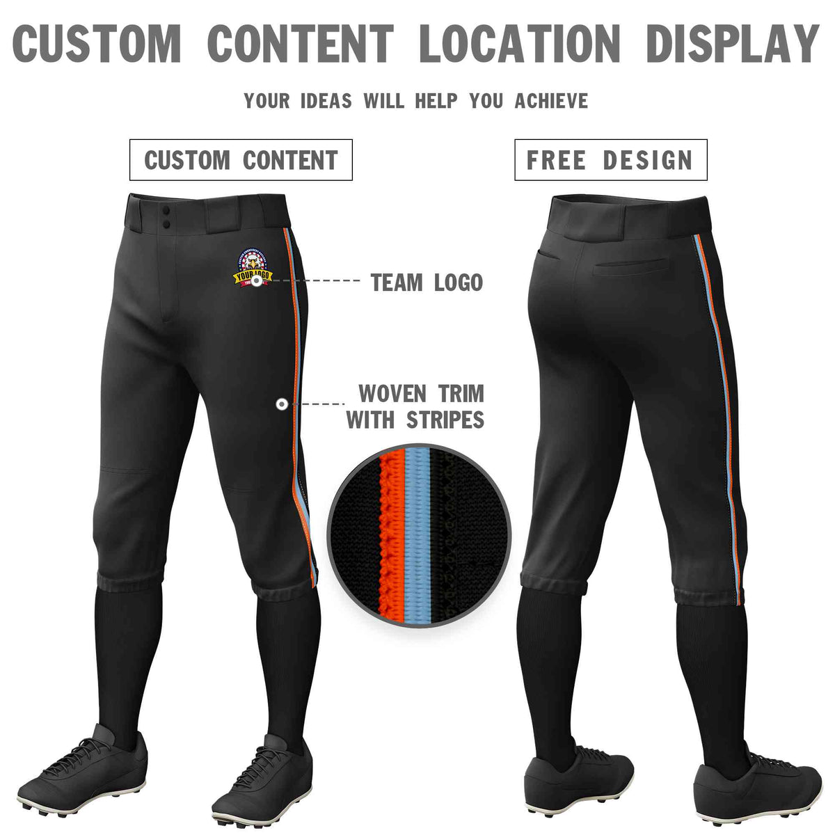Custom Black Orange Light Blue-Black Classic Fit Stretch Practice Knickers Baseball Pants