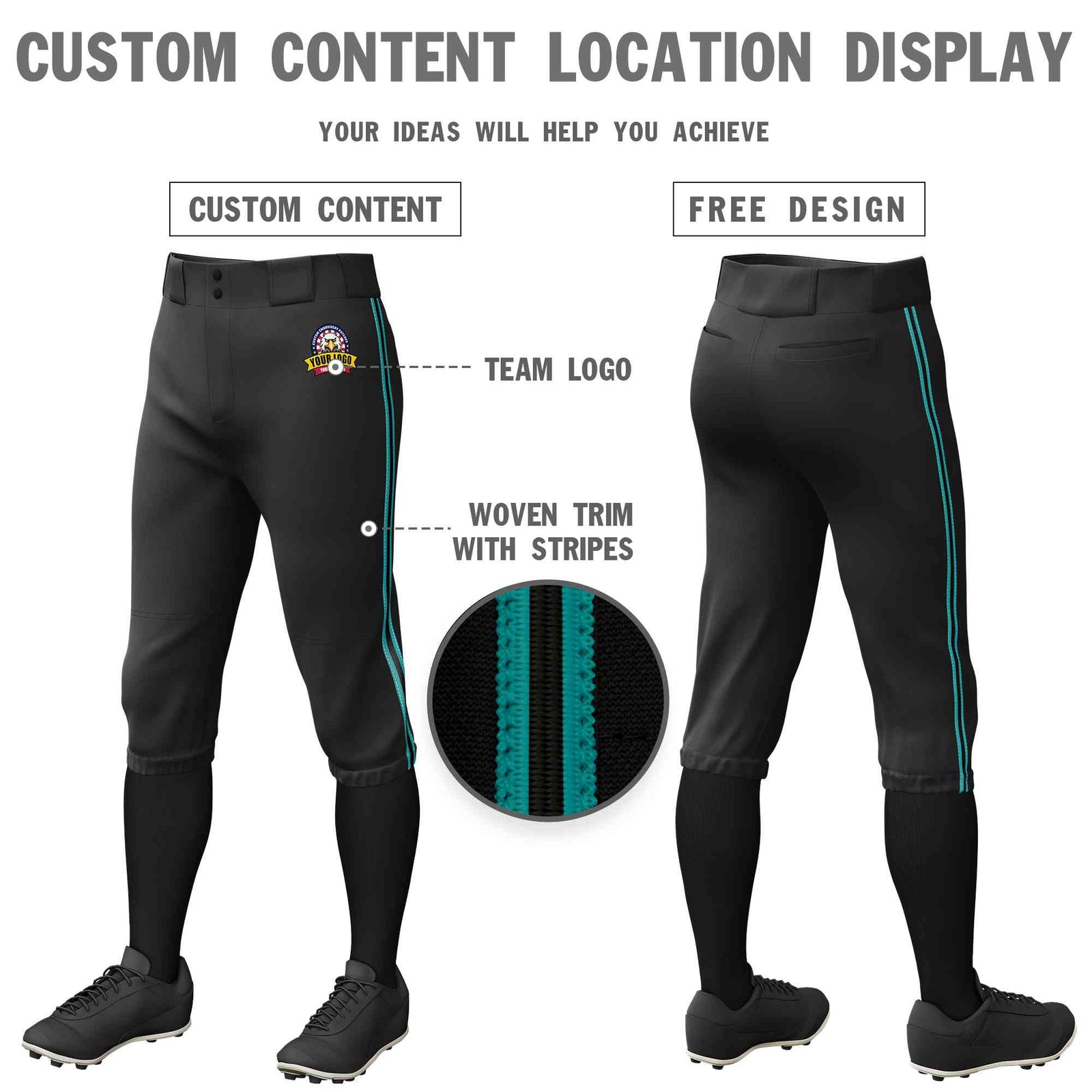 Custom Black Aqua Classic Fit Stretch Practice Knickers Baseball Pants