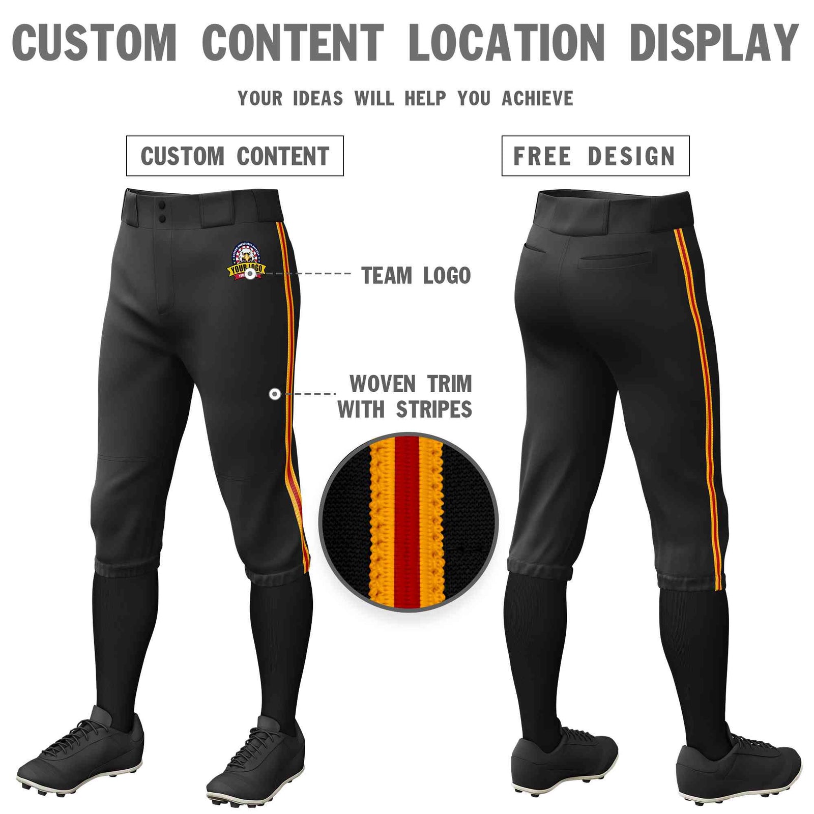 Custom Black Yellow Red-Yellow Classic Fit Stretch Practice Knickers Baseball Pants
