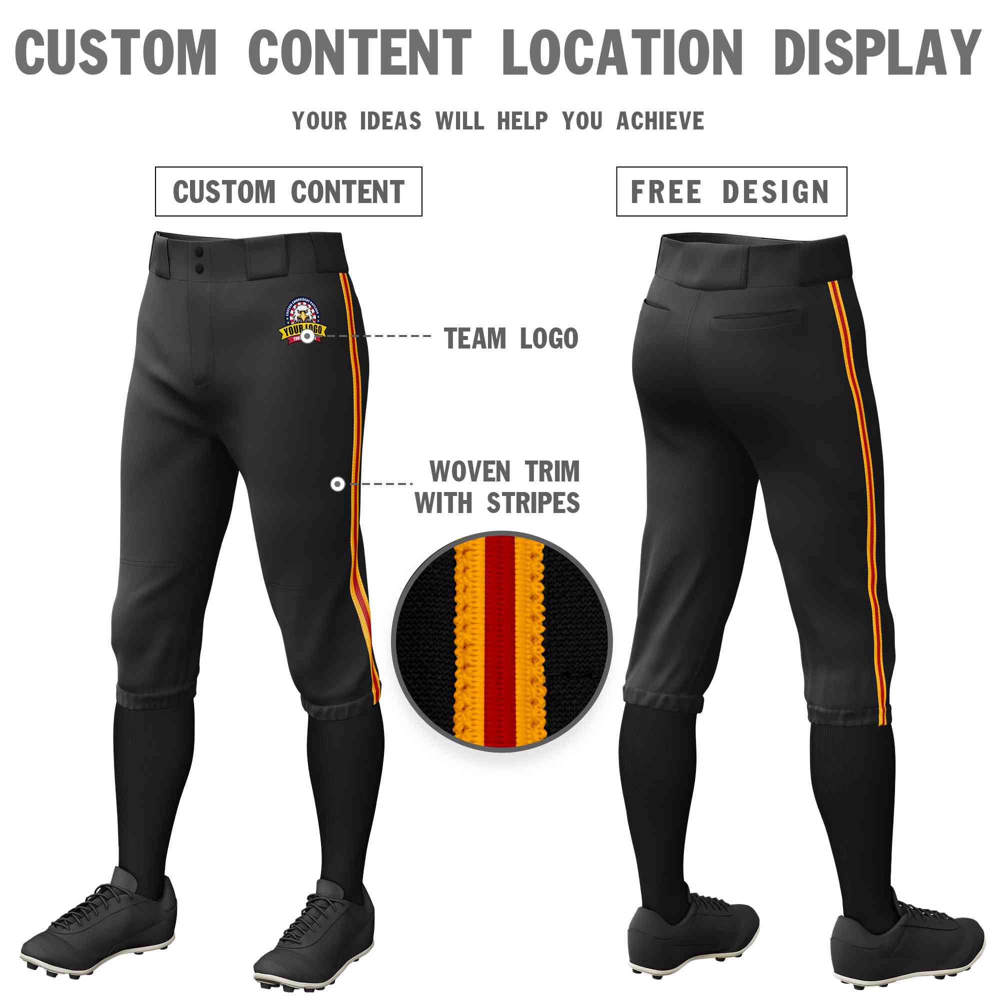 Custom Black Yellow Red-Yellow Classic Fit Stretch Practice Knickers Baseball Pants