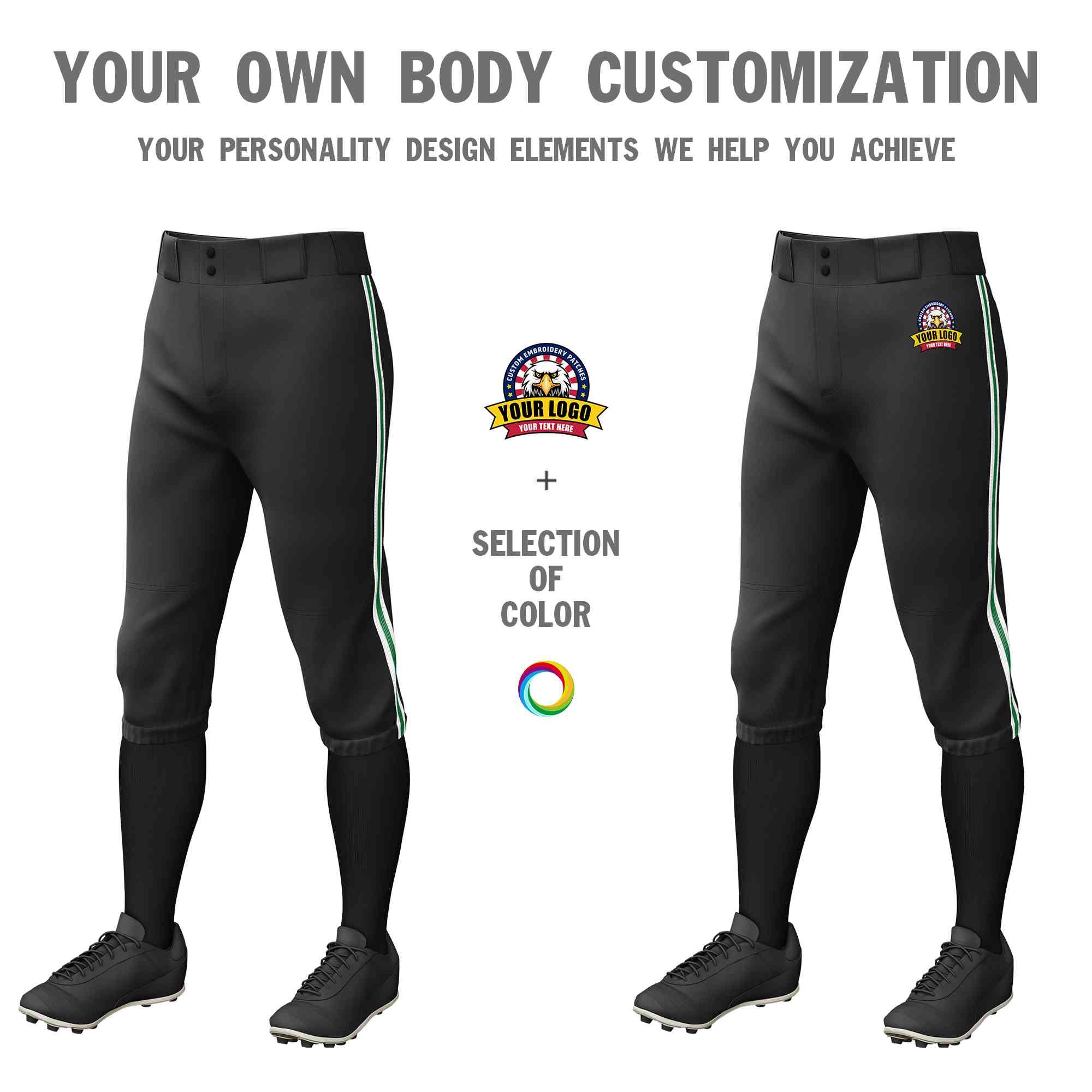 Custom Black White Kelly Green-White Classic Fit Stretch Practice Knickers Baseball Pants