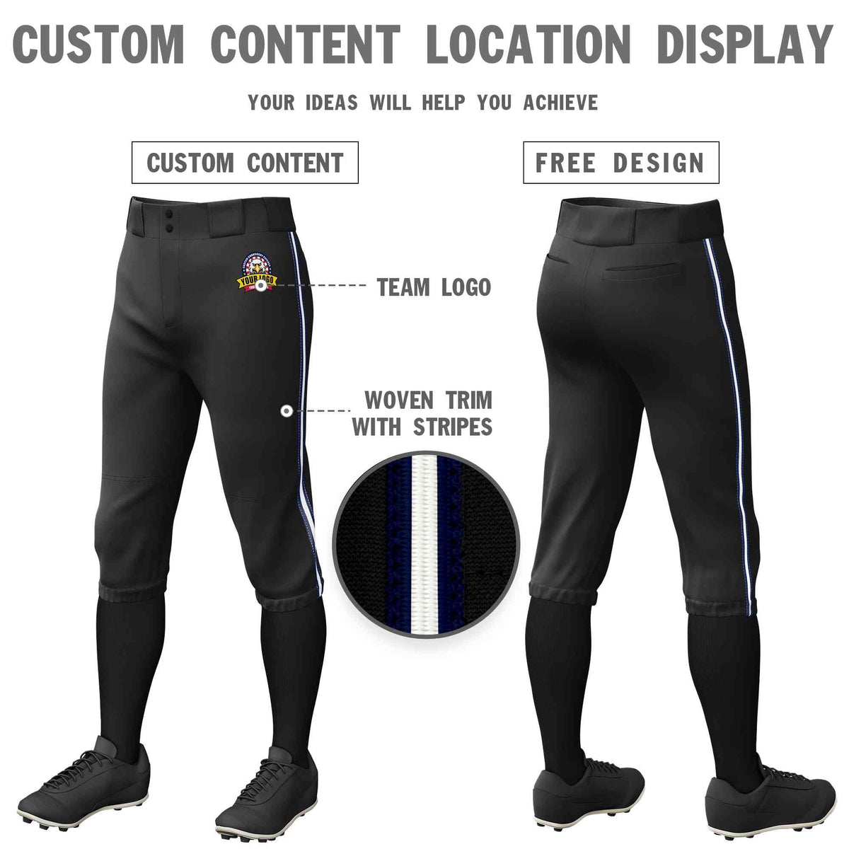 Custom Black Navy White-Navy Classic Fit Stretch Practice Knickers Baseball Pants
