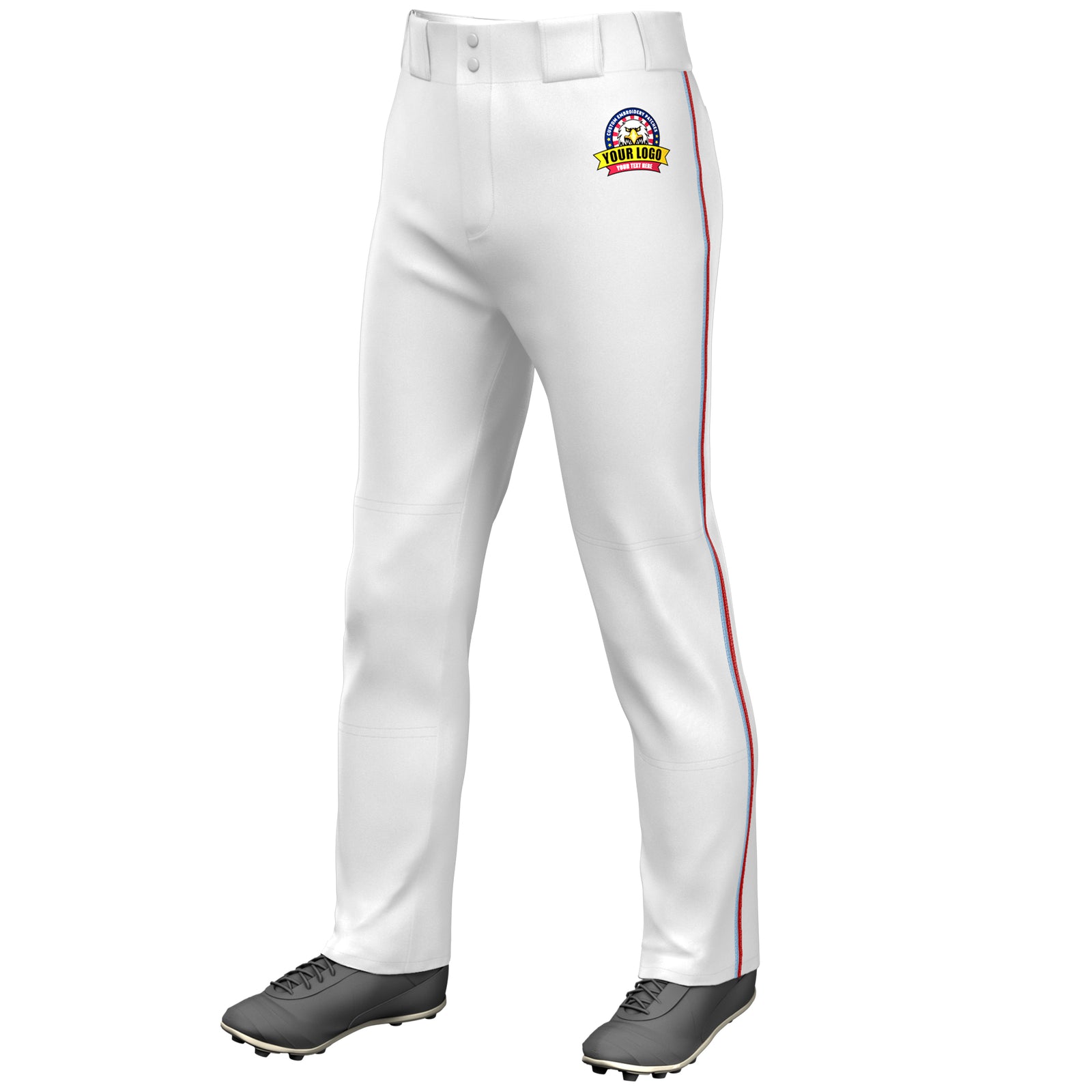 Custom White Light Blue-Red Classic Fit Stretch Practice Loose-fit Baseball Pants