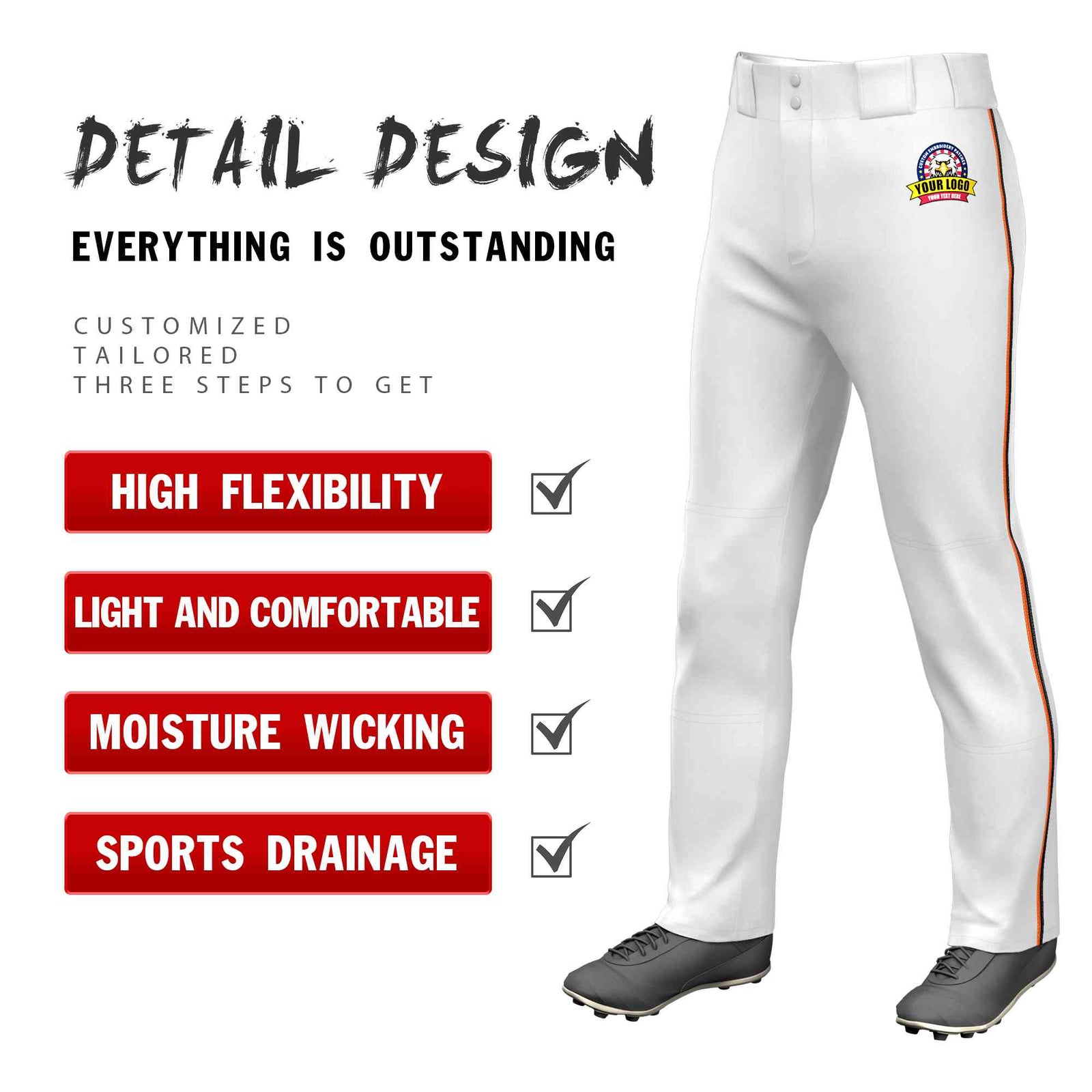 Custom White Orange-Black Classic Fit Stretch Practice Loose-fit Baseball Pants