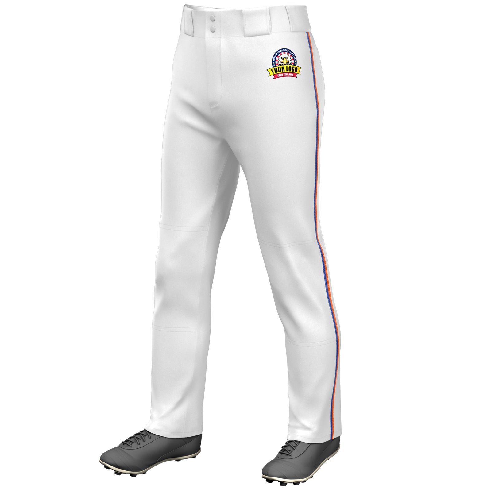 Custom White Royal-Orange Classic Fit Stretch Practice Loose-fit Baseball Pants
