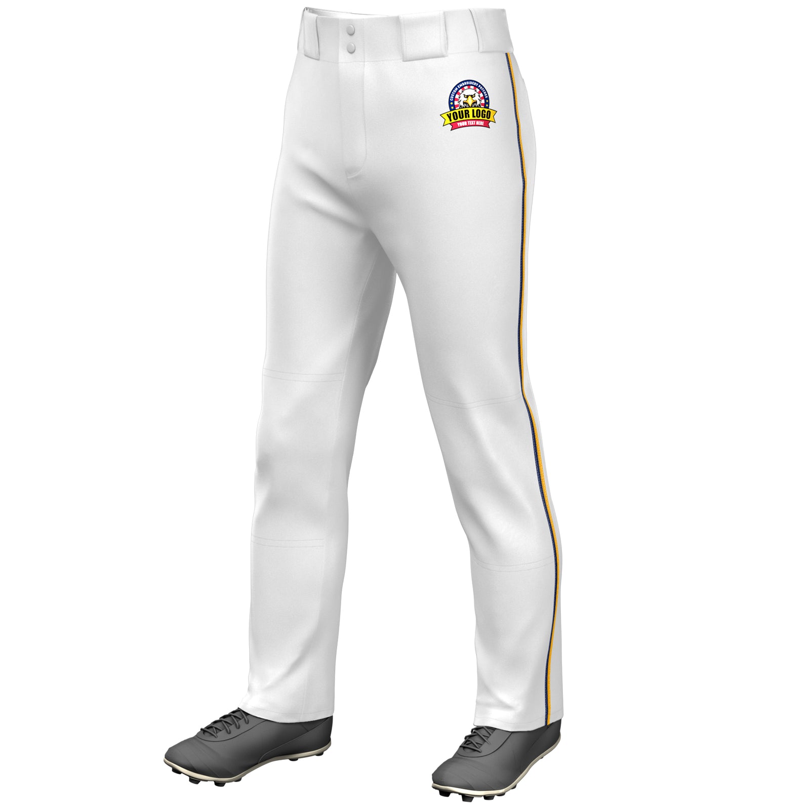 Custom White Navy-Yellow Classic Fit Stretch Practice Loose-fit Baseball Pants