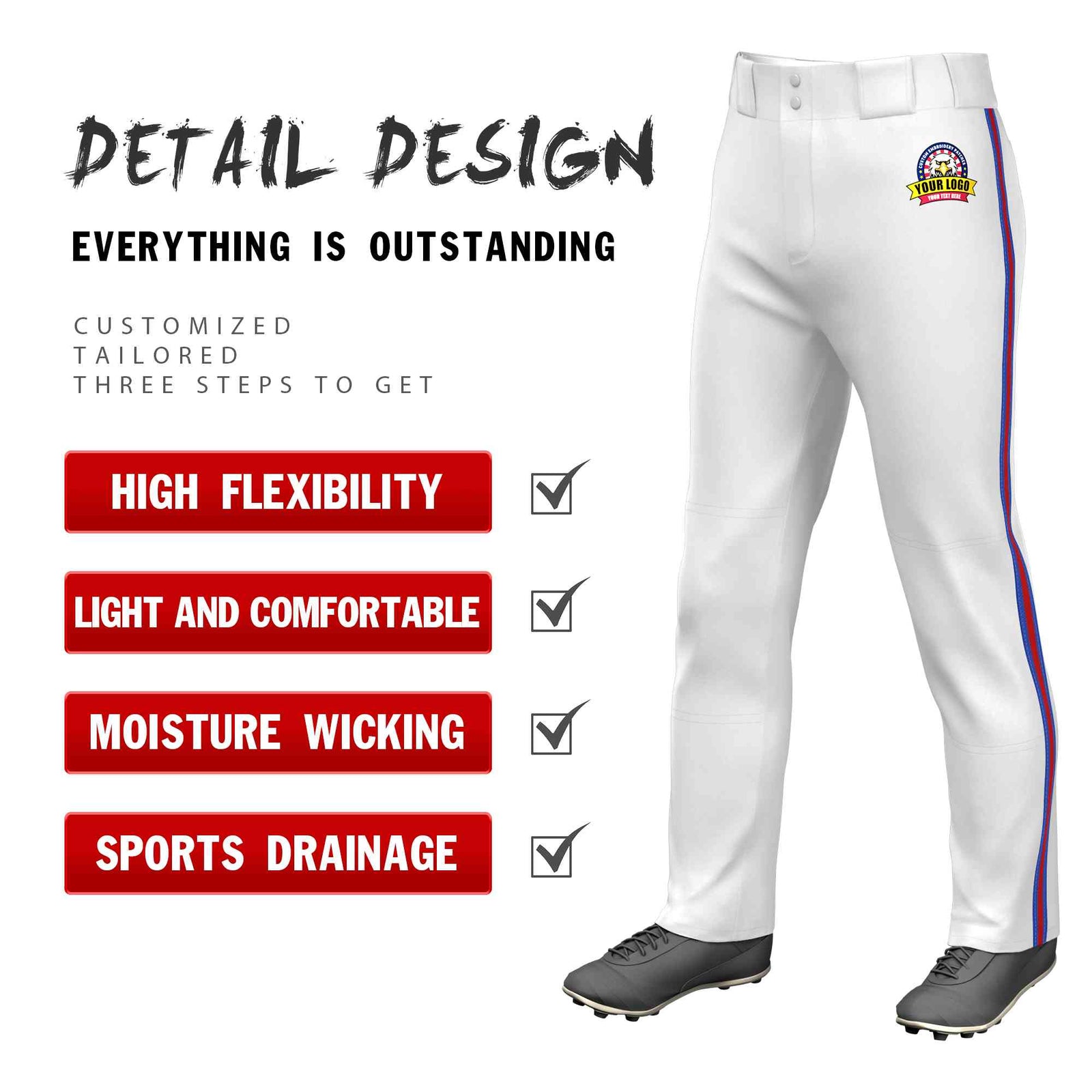 Custom White Royal Red-Royal Classic Fit Stretch Practice Loose-fit Baseball Pants