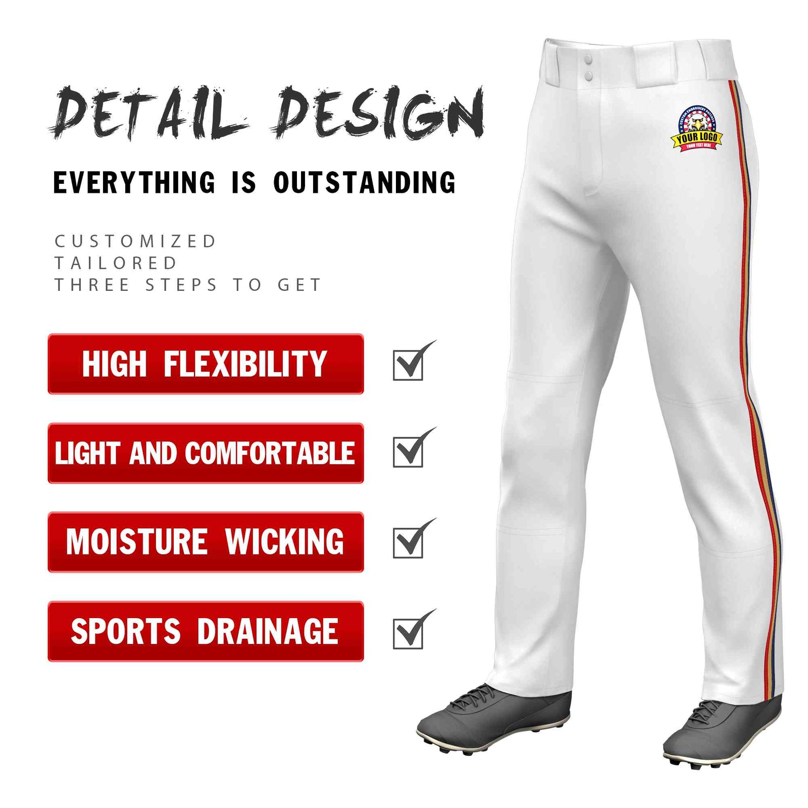 Custom White Navy Gold-Red Classic Fit Stretch Practice Loose-fit Baseball Pants