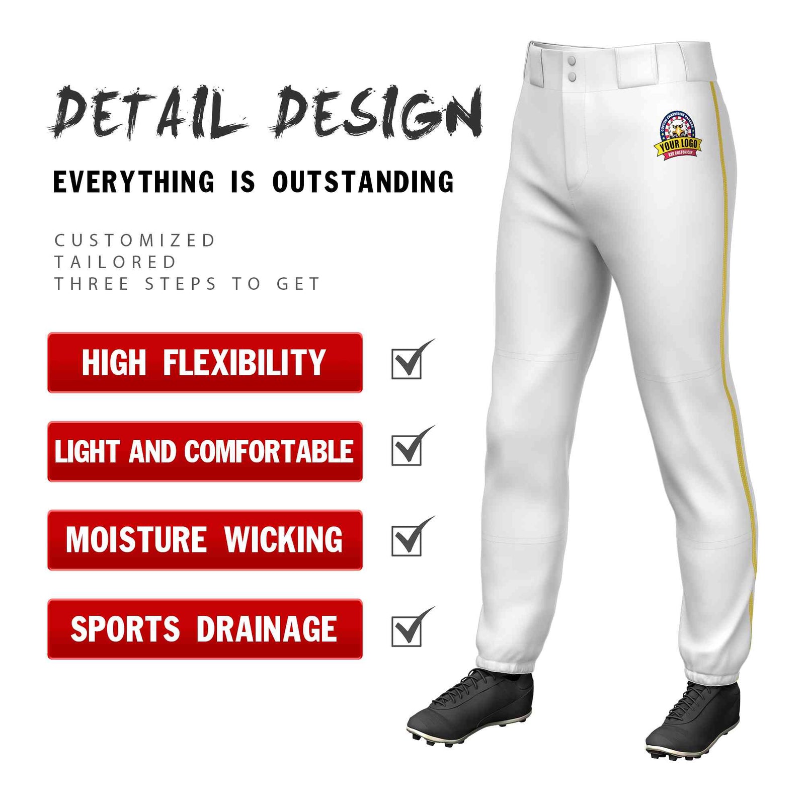 Custom White Old Gold Classic Fit Stretch Practice Pull-up Baseball Pants