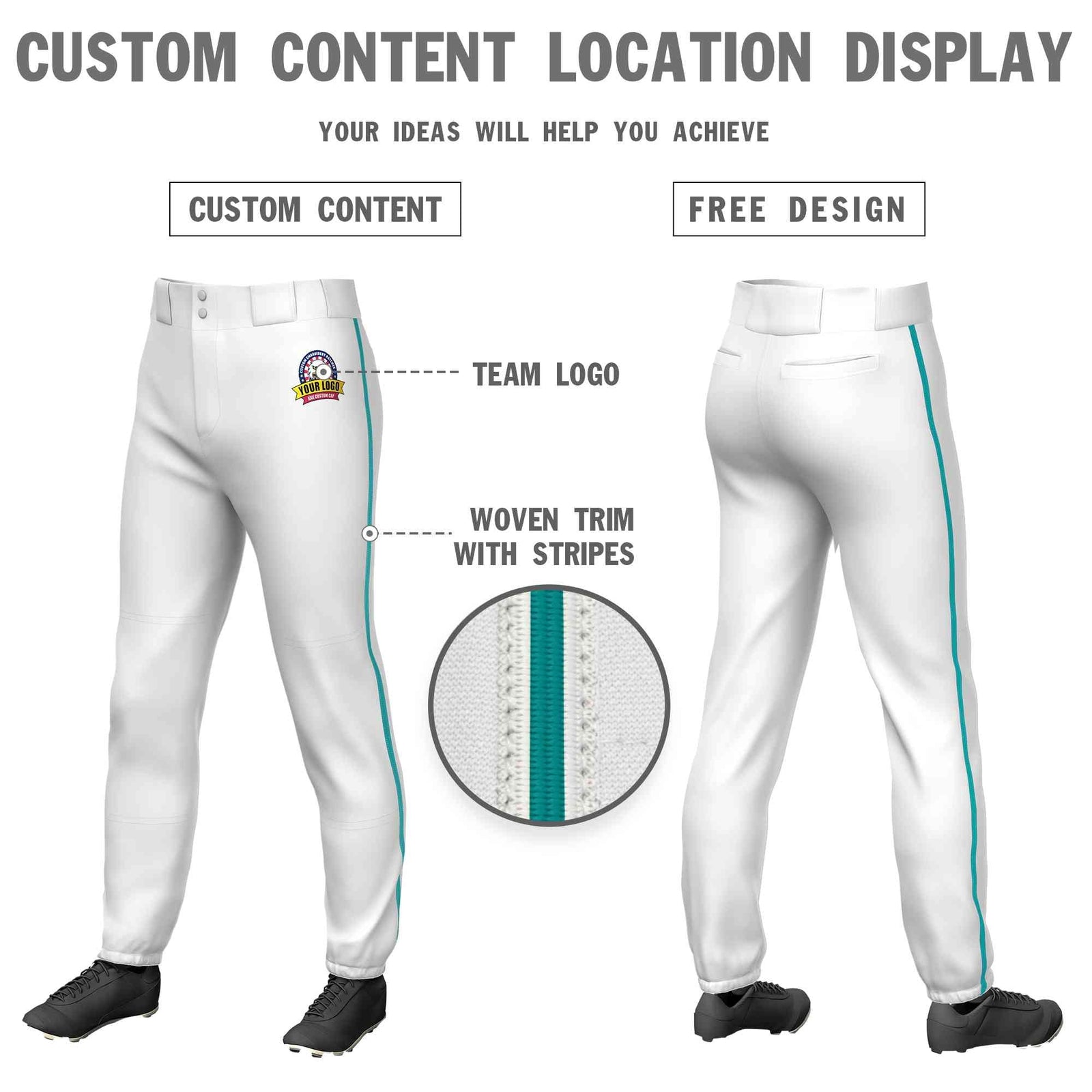 Custom White Aqua Classic Fit Stretch Practice Pull-up Baseball Pants