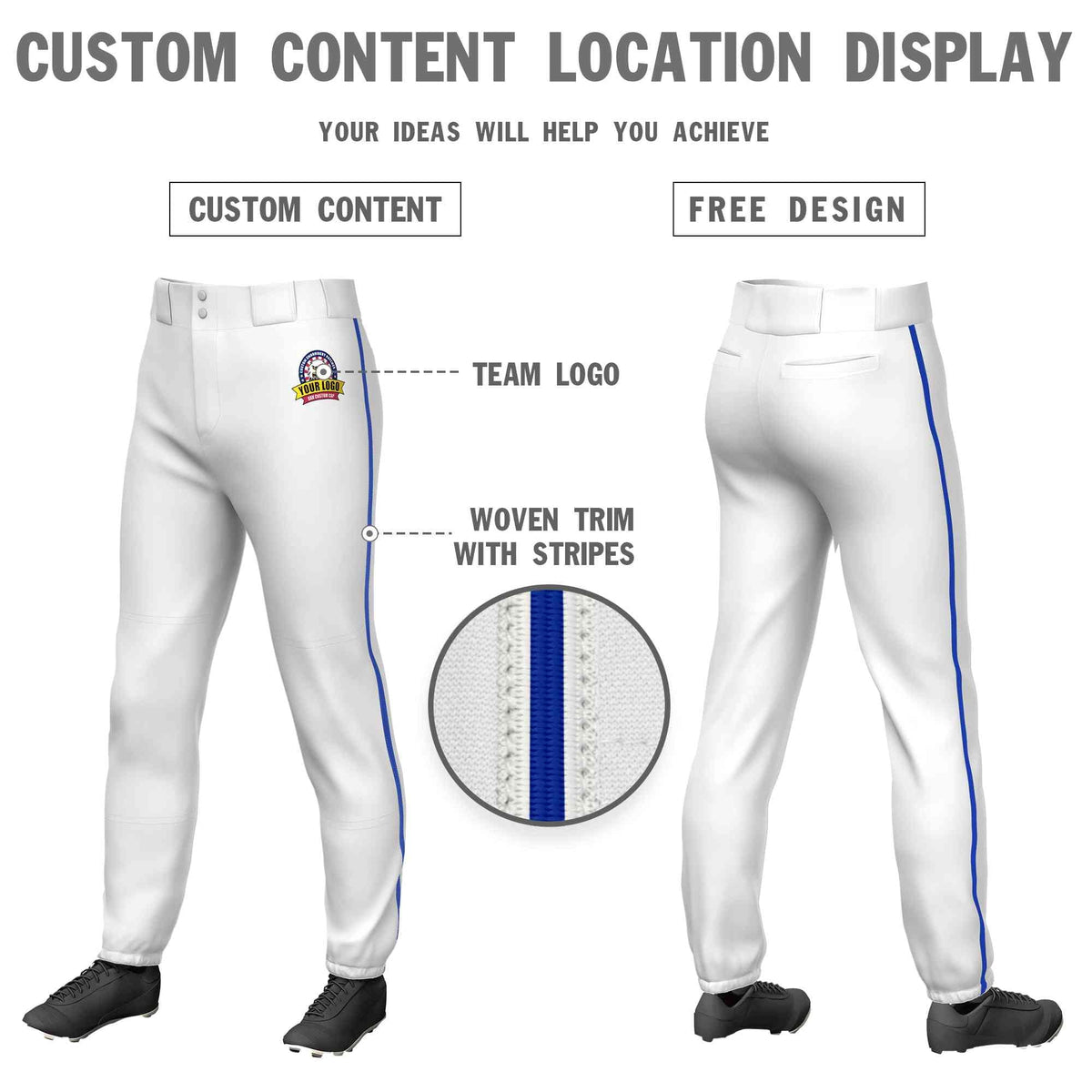 Custom White Royal Classic Fit Stretch Practice Pull-up Baseball Pants
