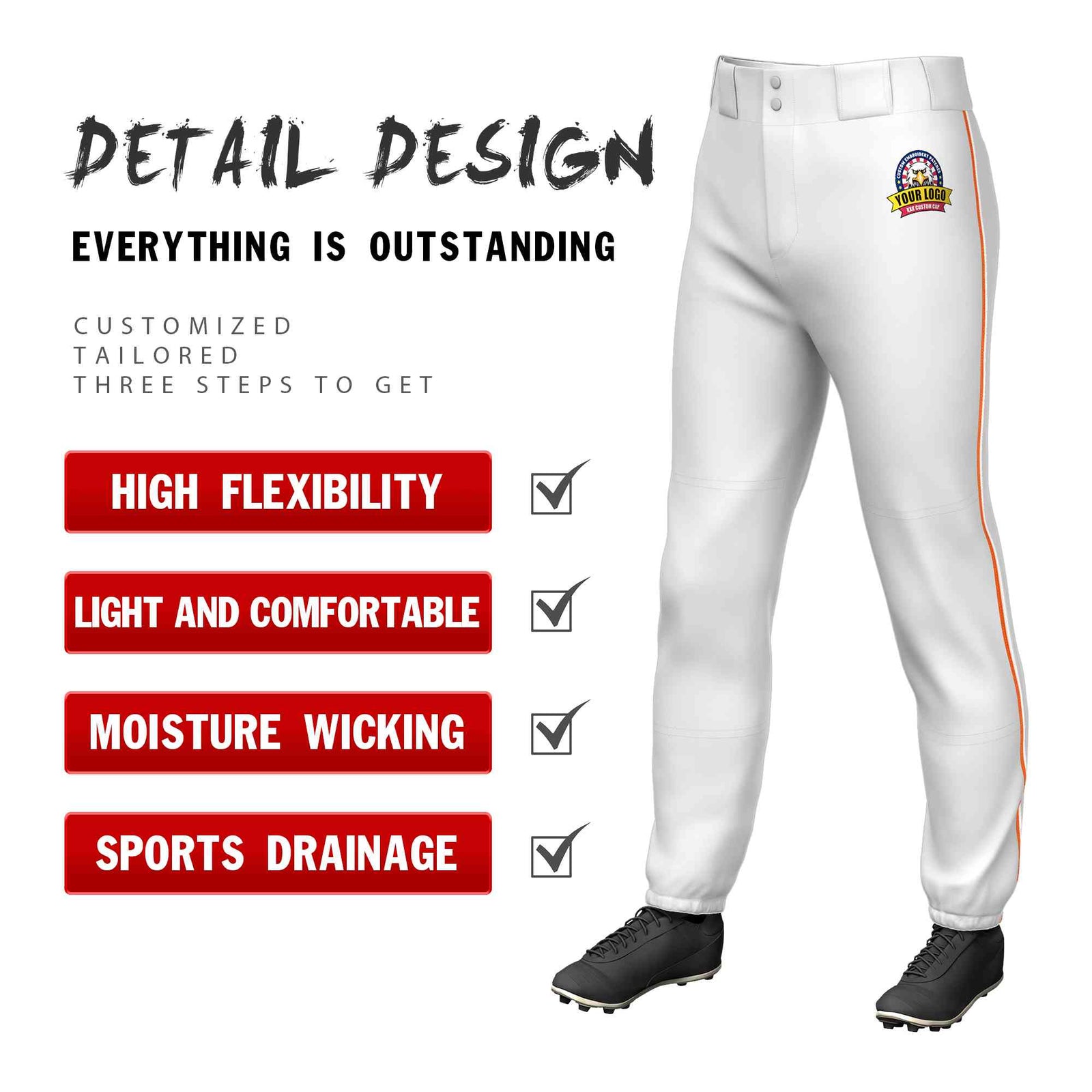 Custom White Orange-White Classic Fit Stretch Practice Pull-up Baseball Pants