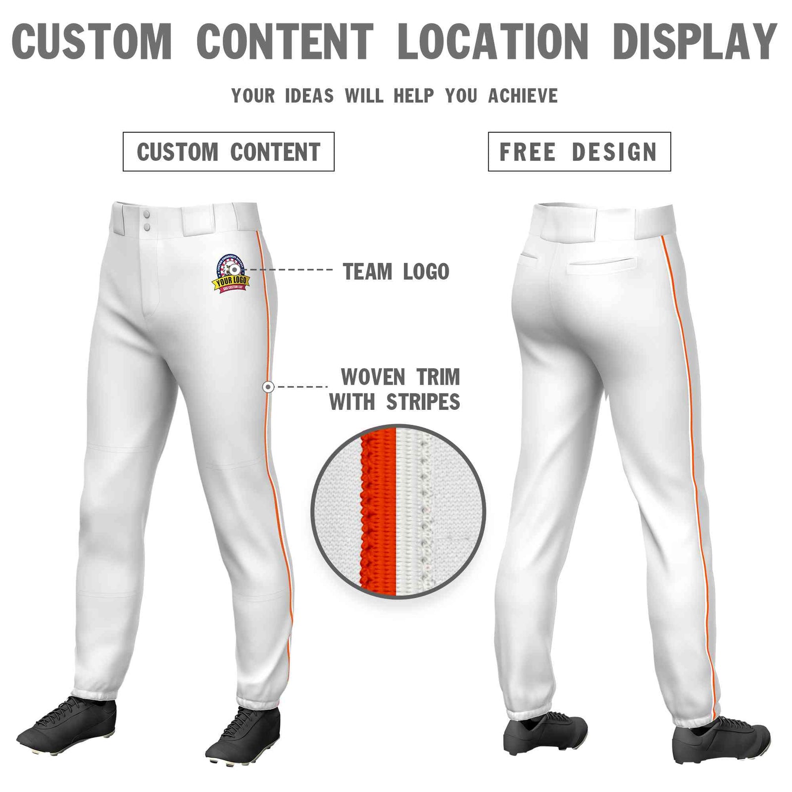 Custom White Orange-White Classic Fit Stretch Practice Pull-up Baseball Pants