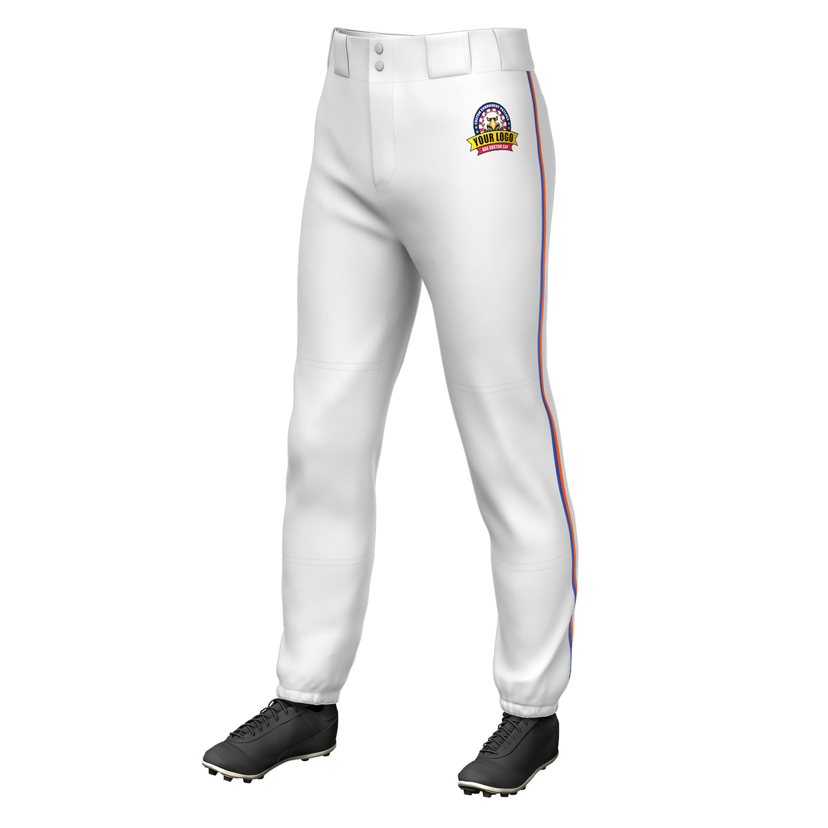 Custom White Royal-Orange Classic Fit Stretch Practice Pull-up Baseball Pants
