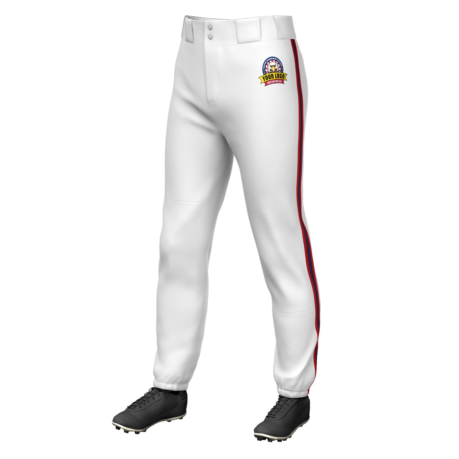 Custom White Red Navy-Red Classic Fit Stretch Practice Pull-up Baseball Pants