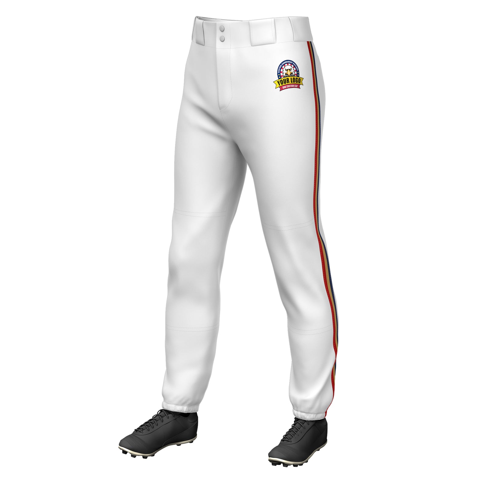 Custom White Navy Gold-Red Classic Fit Stretch Practice Pull-up Baseball Pants